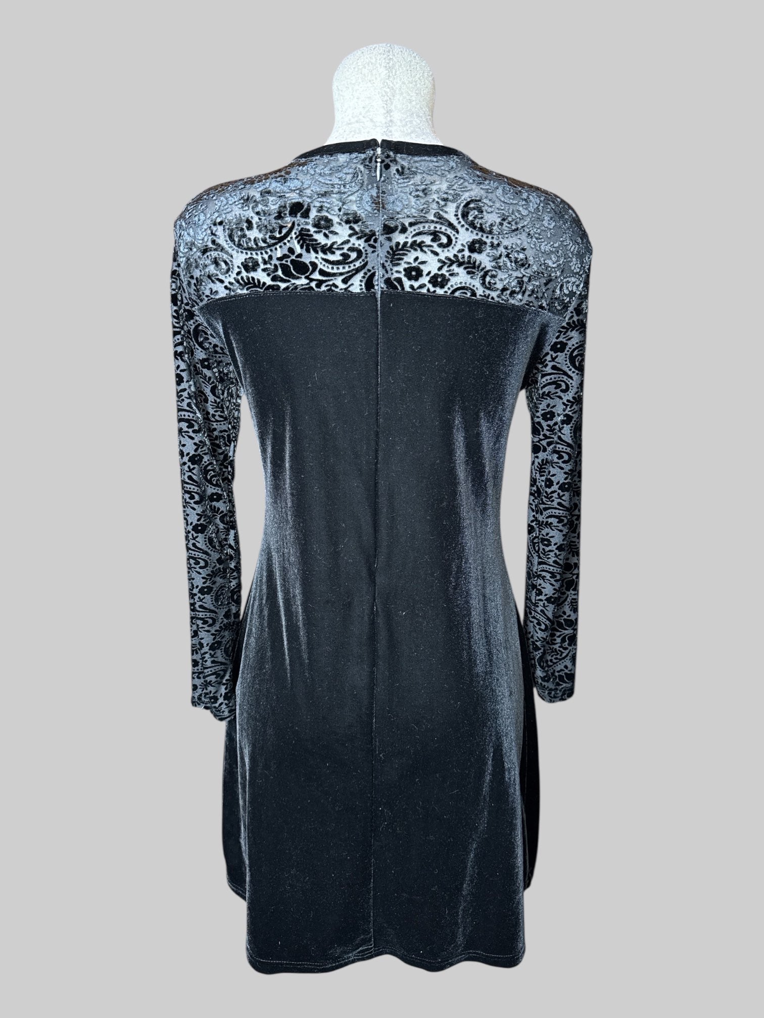 M vintage black long sleeve velvet dress with floral and paisley burnout design on top and sleeves, and zipper on back