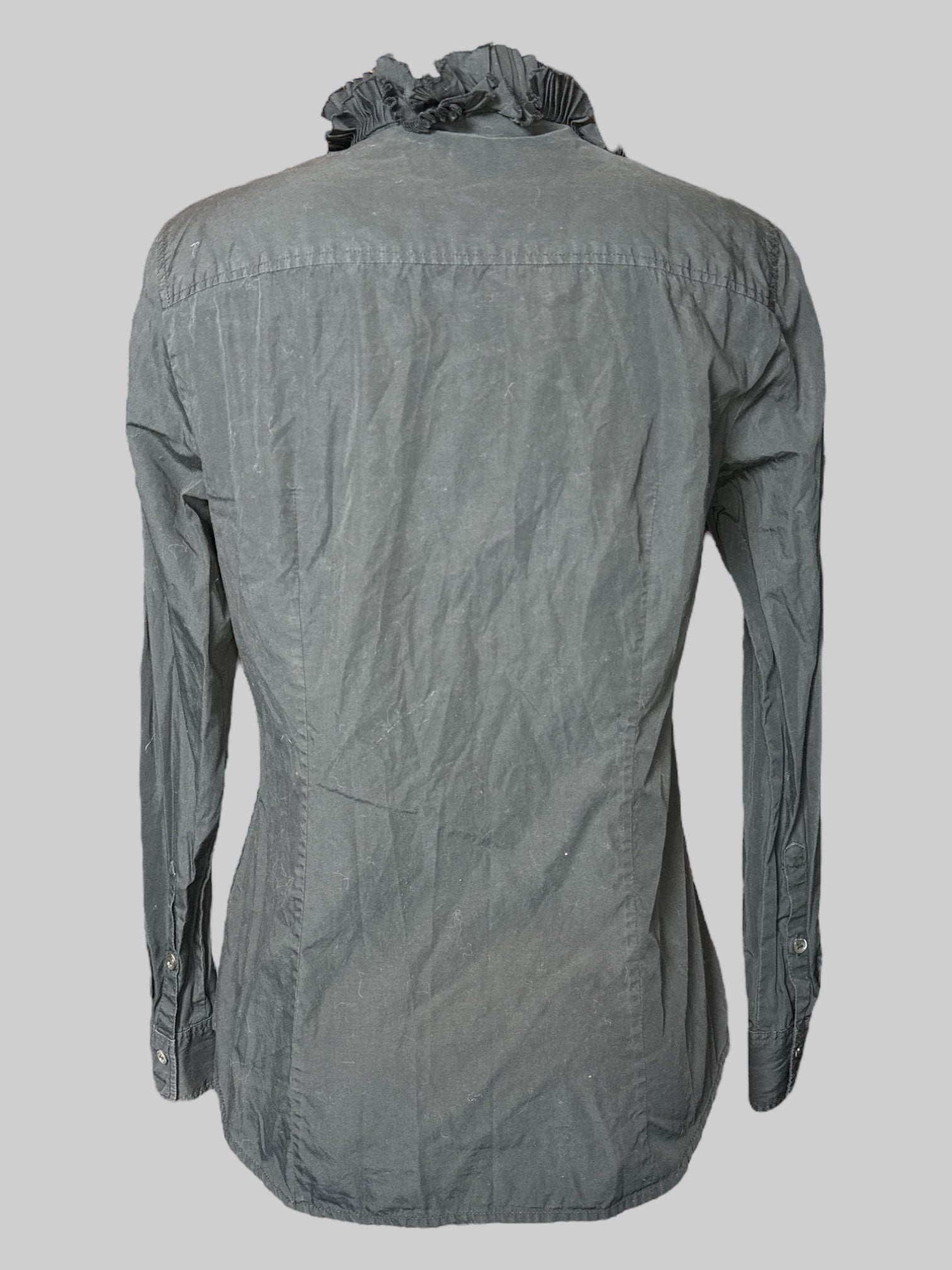 M black, long sleeve button down top with multi layer, pleated ruffle neckline