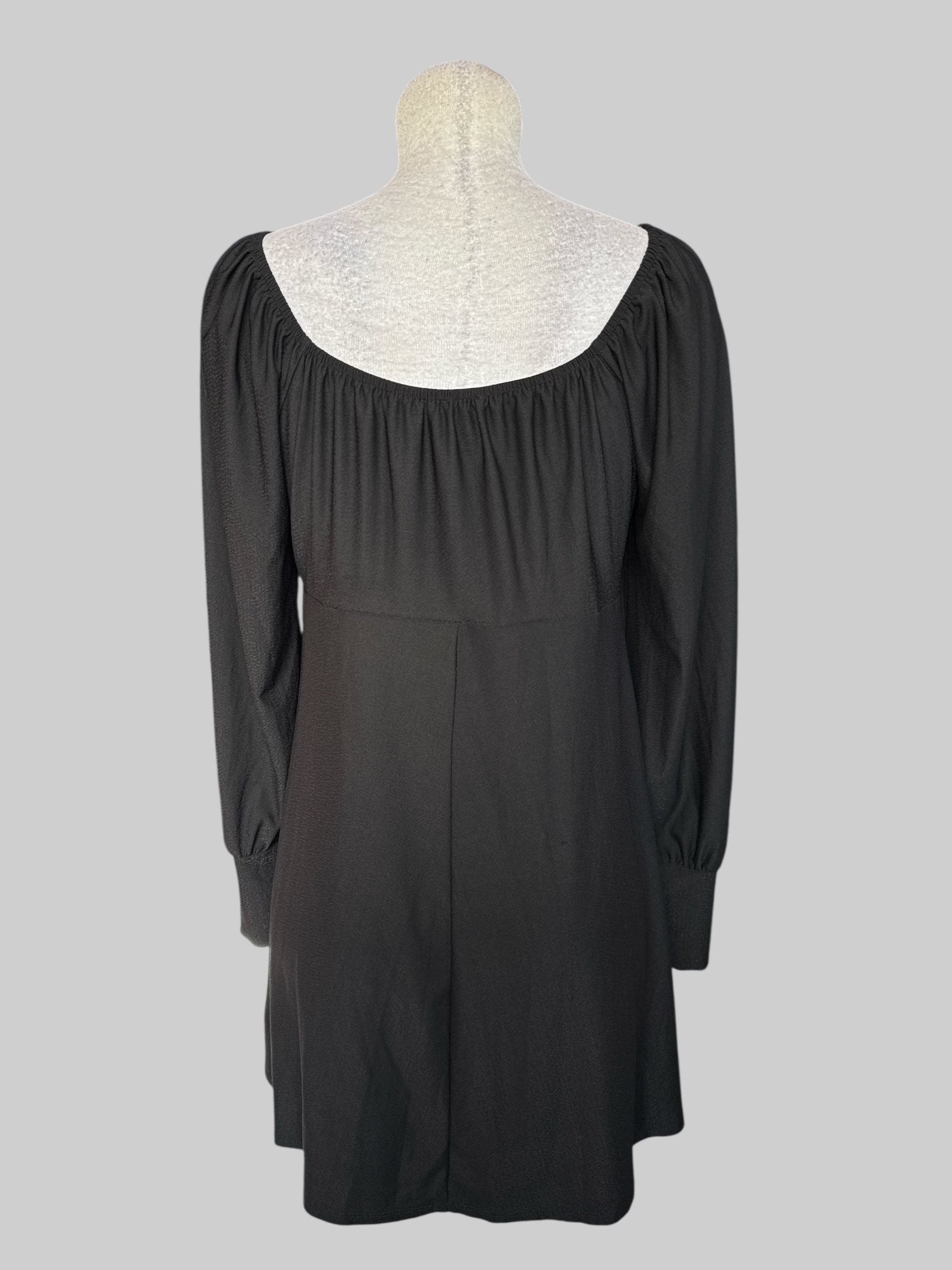 XL vintage black, long sleeve dress with stretchy neckline, tie on front, and long cuffs