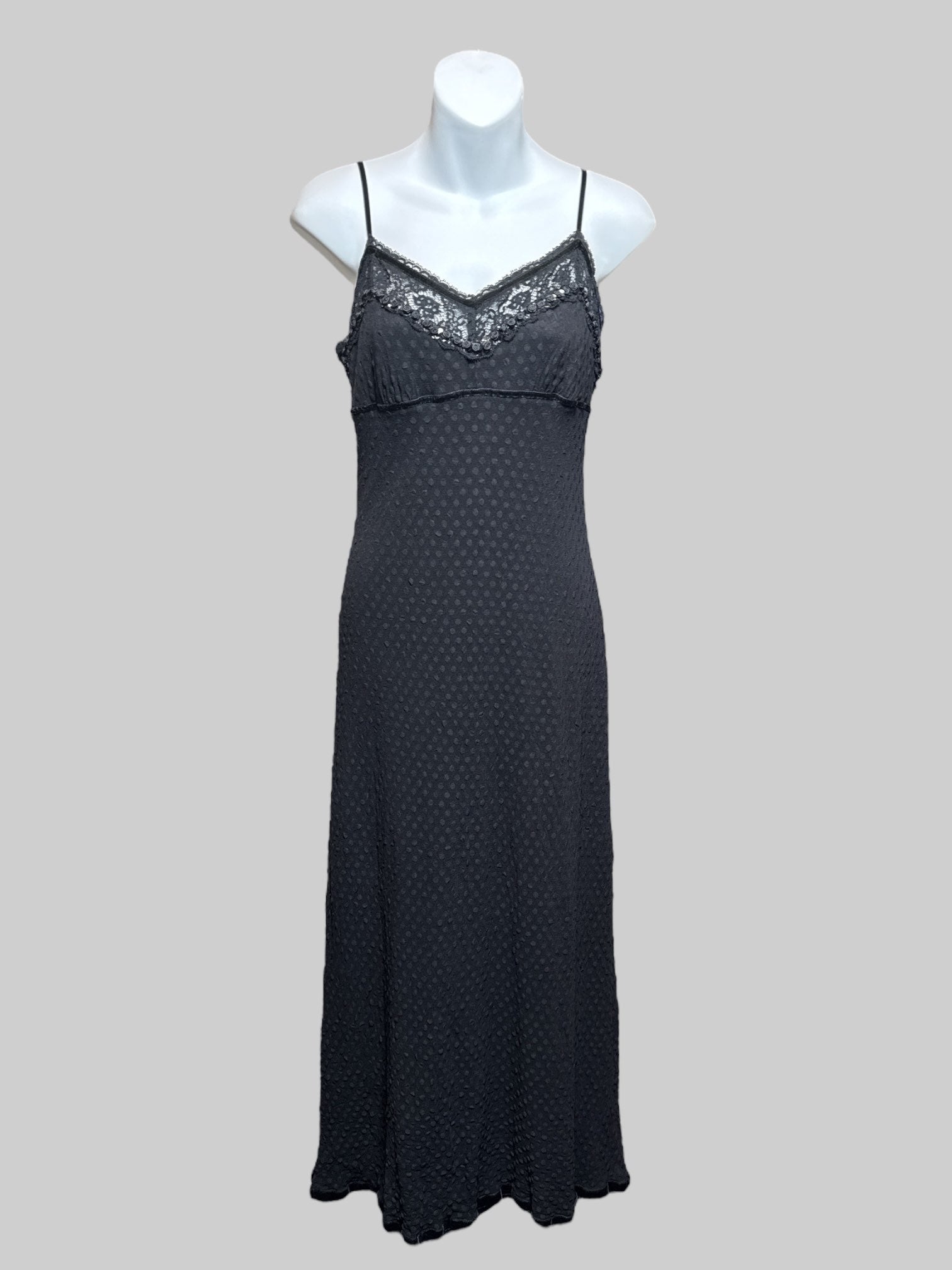 S vintage Betsey Johnson black slip dress with textured polka dots, lace chest with black roses, and velvet trim