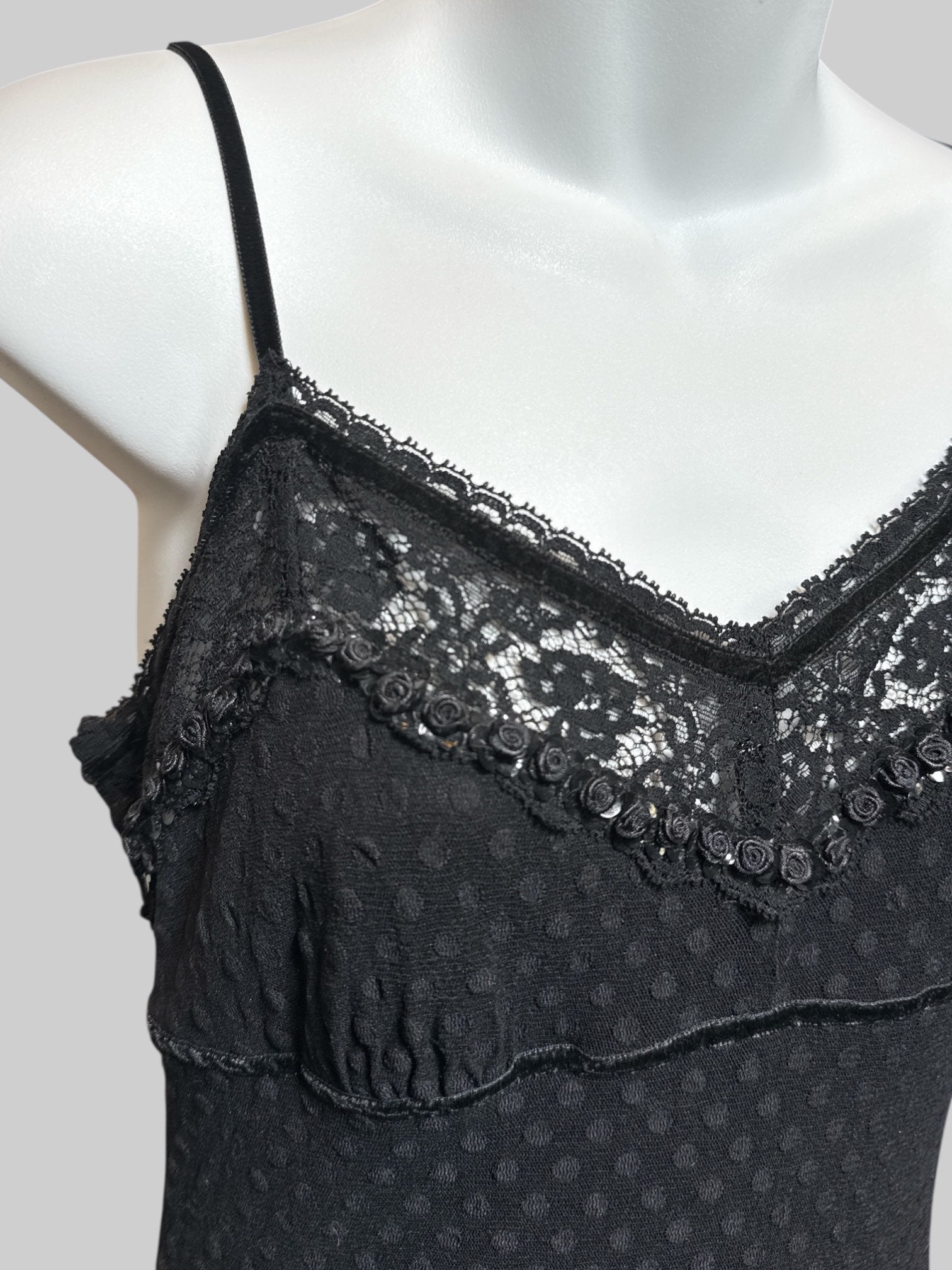 S vintage Betsey Johnson black slip dress with textured polka dots, lace chest with black roses, and velvet trim