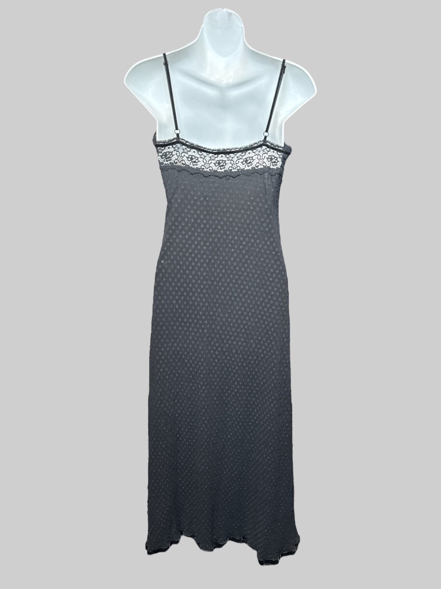 S vintage Betsey Johnson black slip dress with textured polka dots, lace chest with black roses, and velvet trim