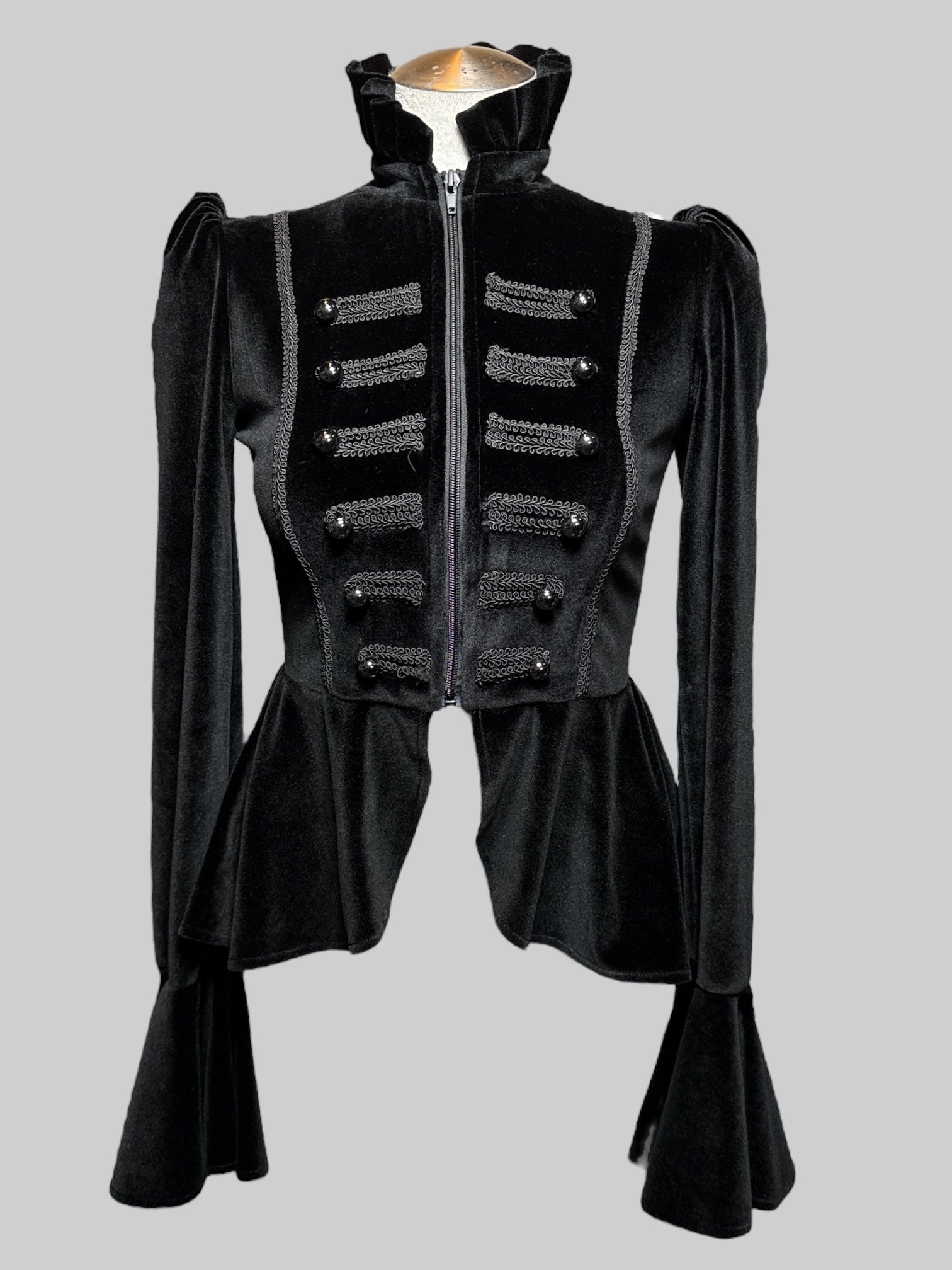 S Killstar black velvet jacket with embroidery, pleated bottom, and bell sleeves