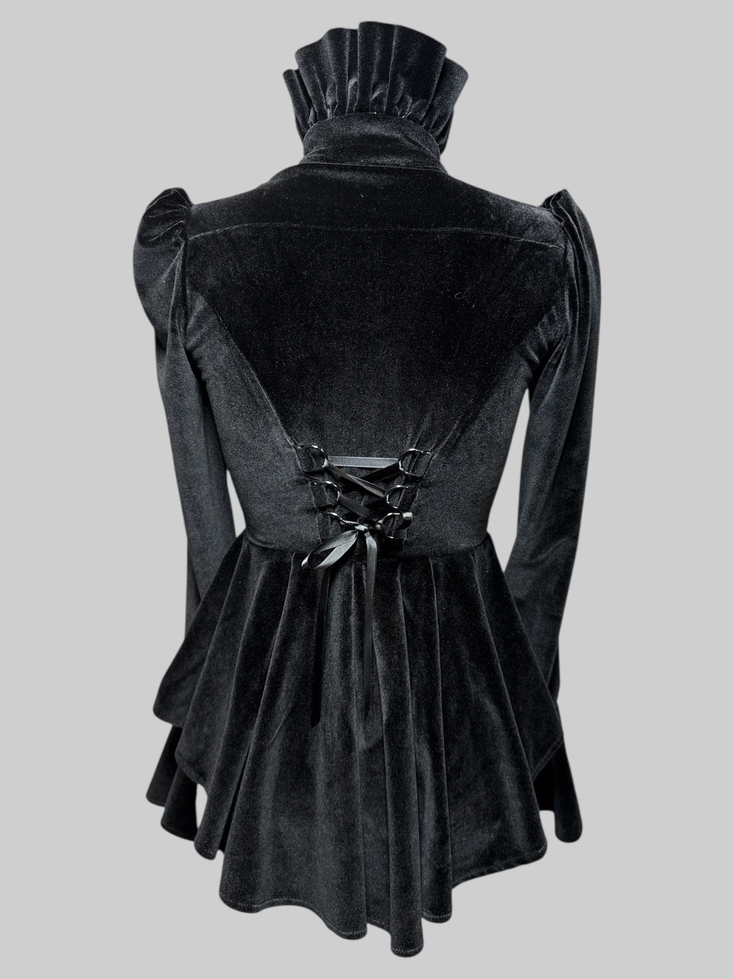 S Killstar black velvet jacket with embroidery, pleated bottom, and bell sleeves