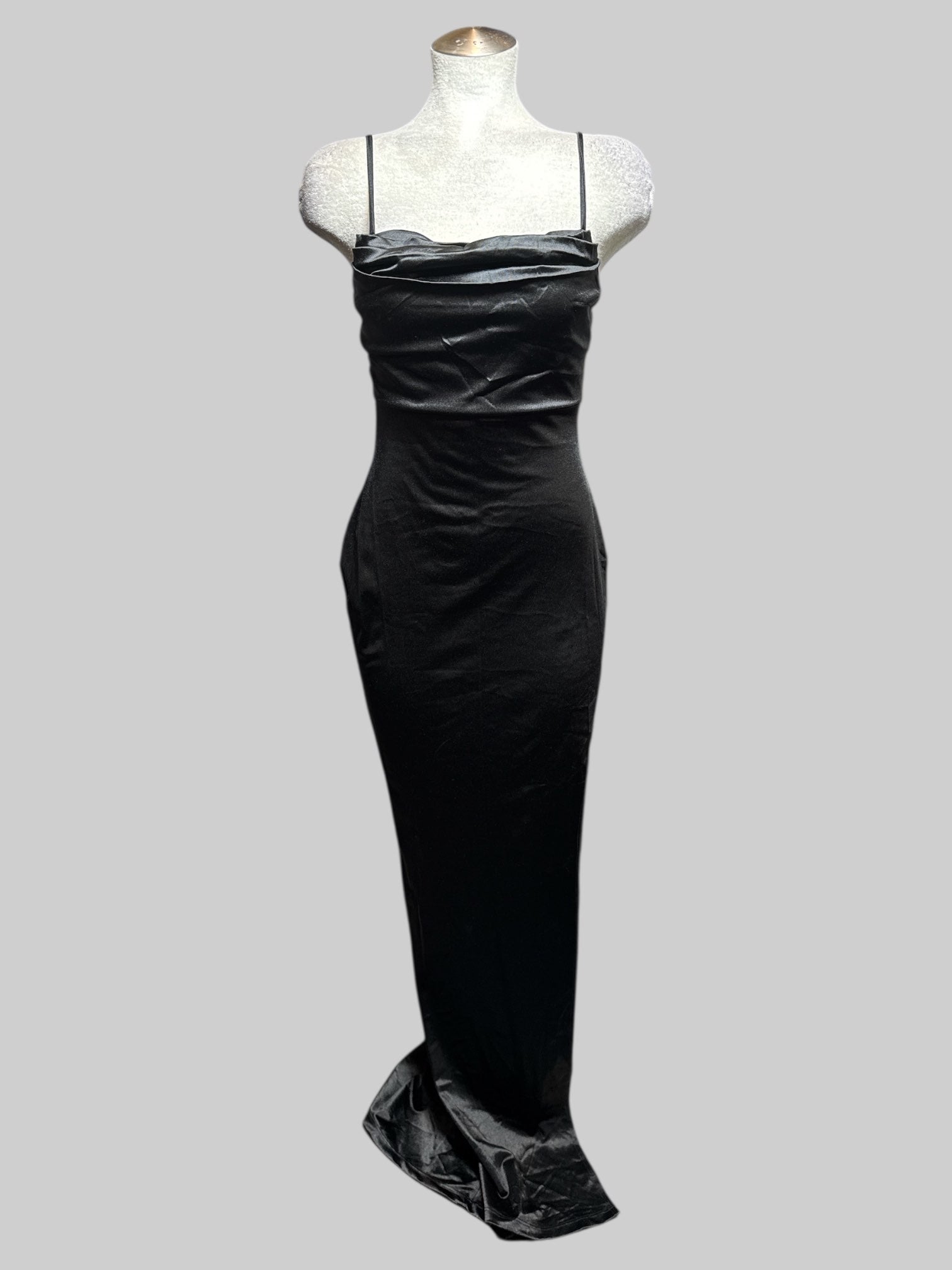S black body con maxi dress with draping and big leg slit
