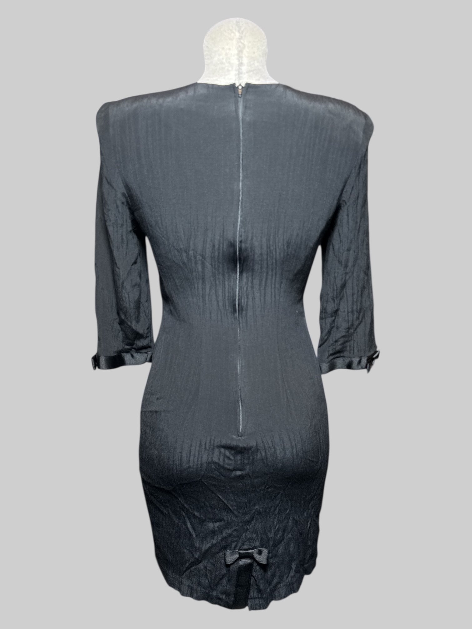 S vintage black short dress with embroidery, shoulder pads, little bows, and back zipper