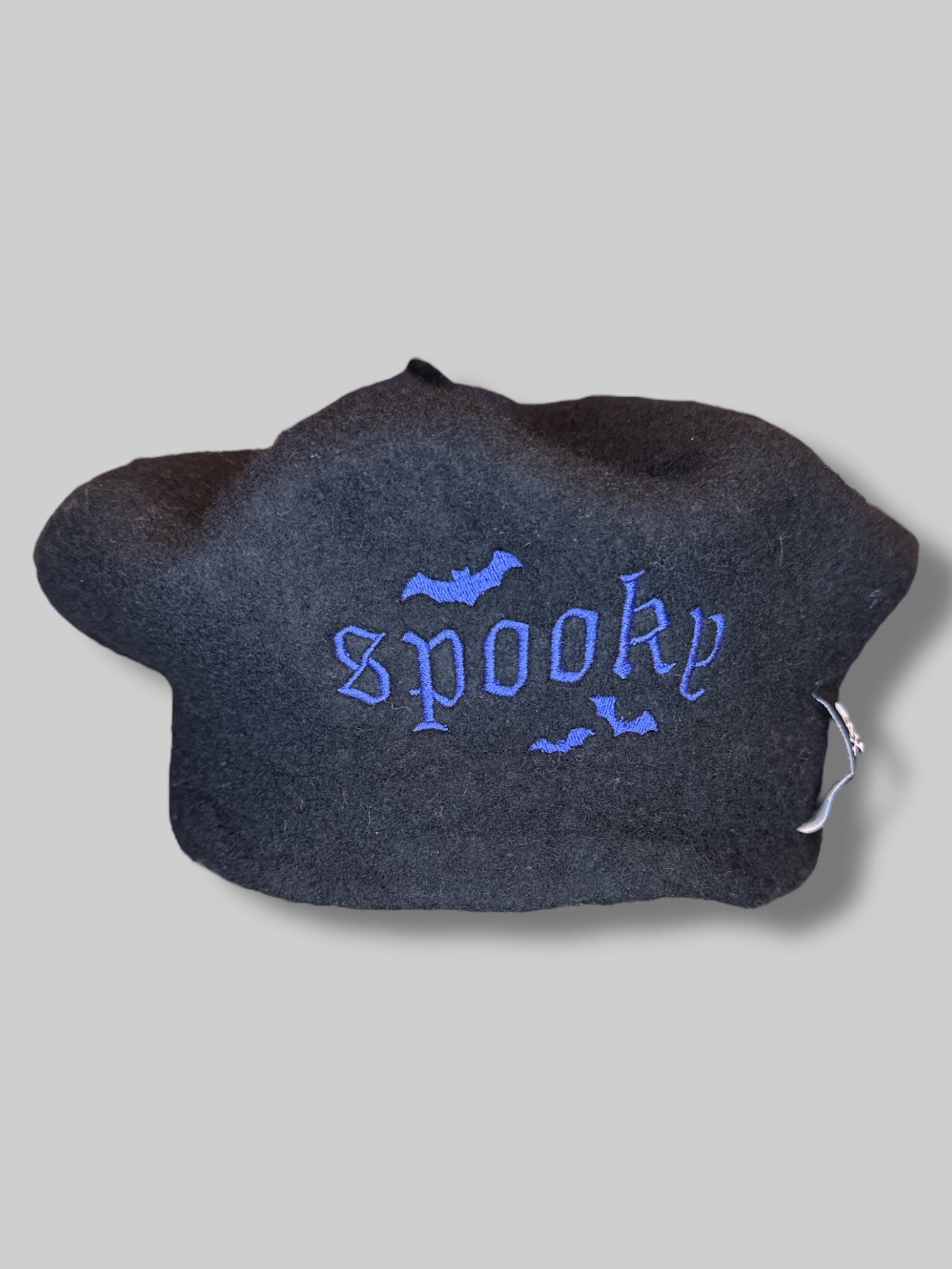 Black felt beret with purple “spooky “embroidery on front