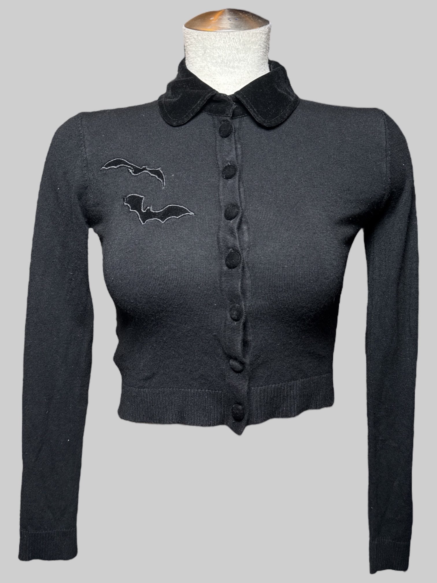 S black cropped Collectif button up cardigan with bats