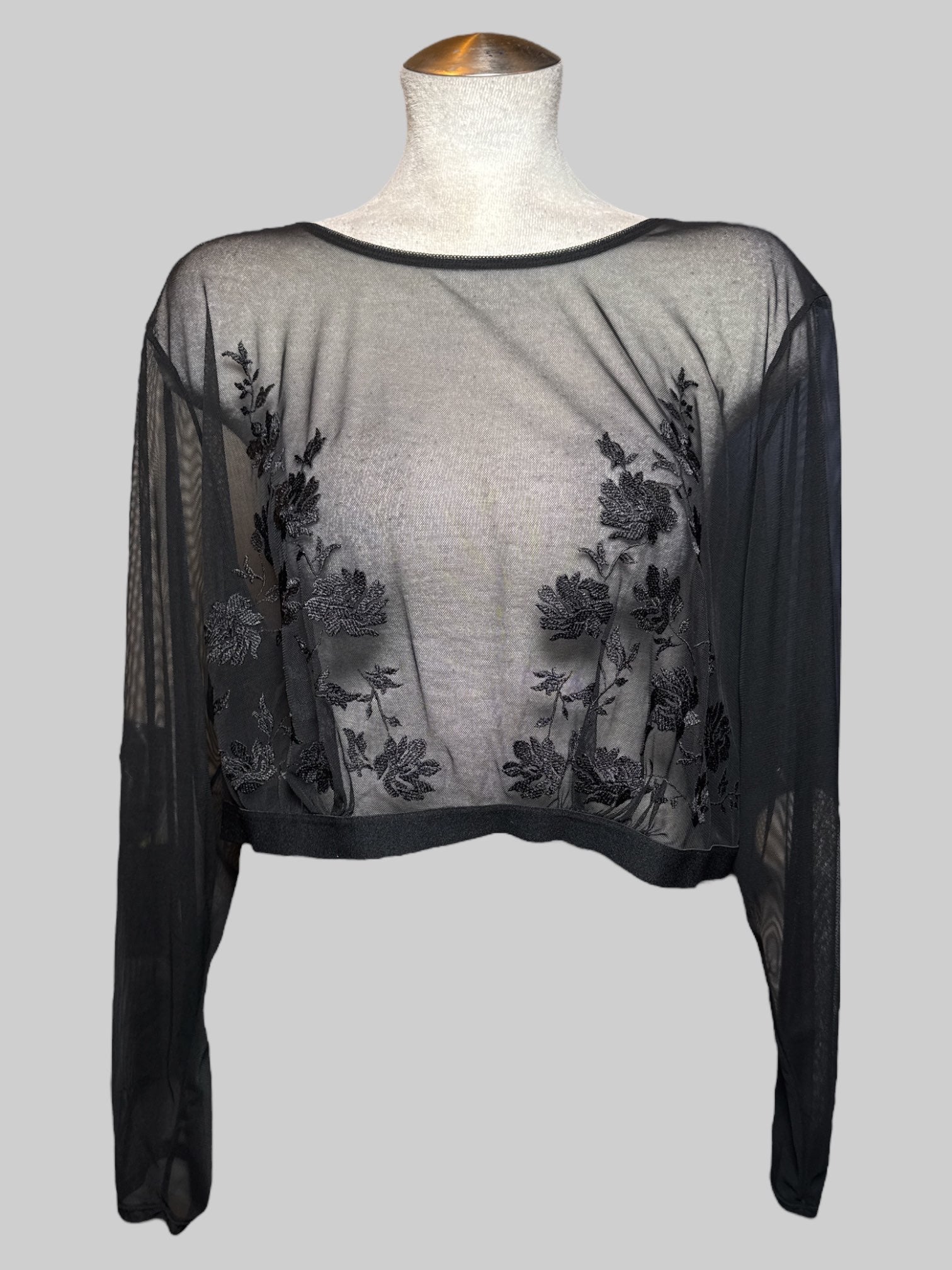 4X sheer long sleeve top with floral embroidery