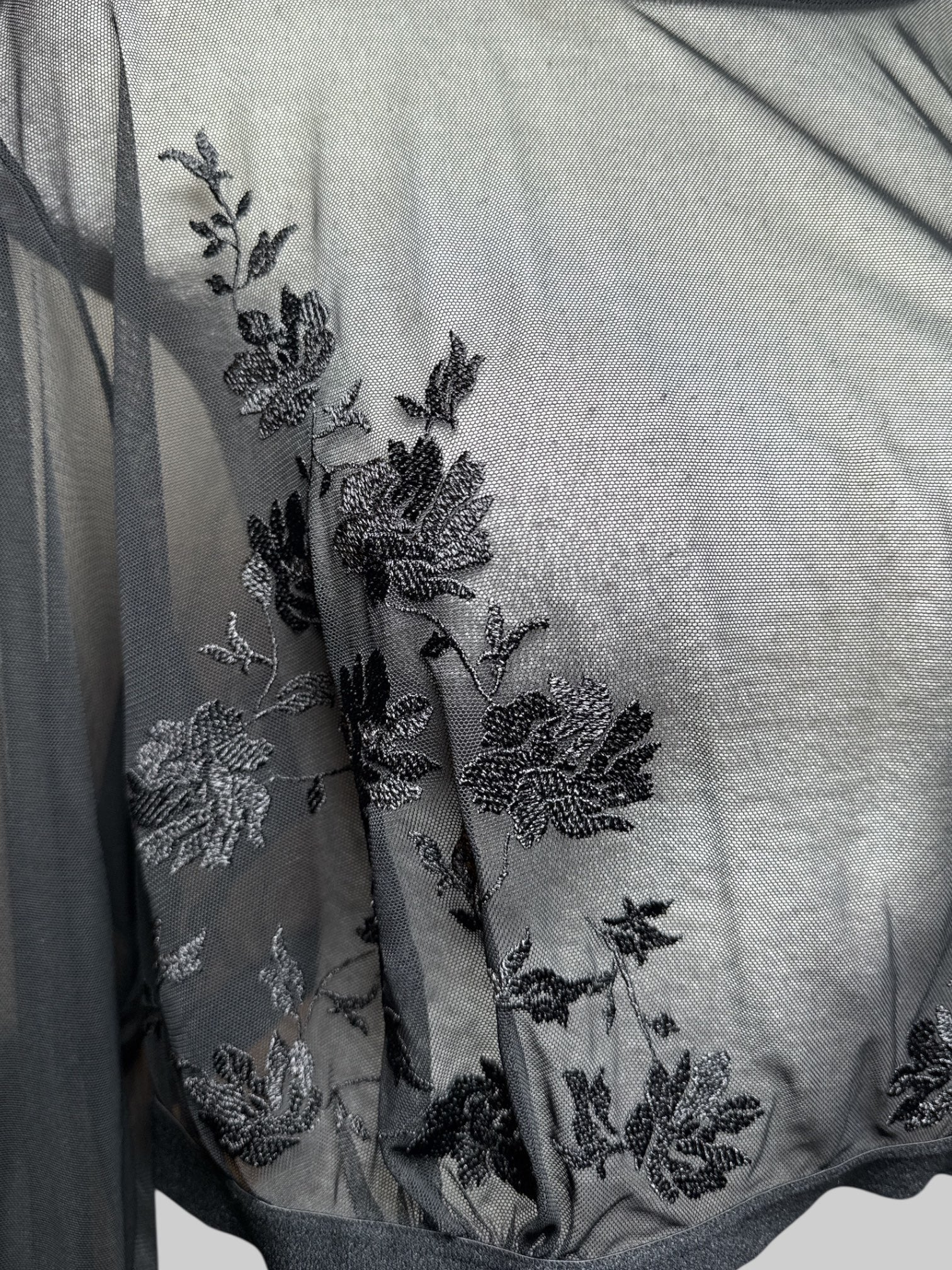 4X sheer long sleeve top with floral embroidery