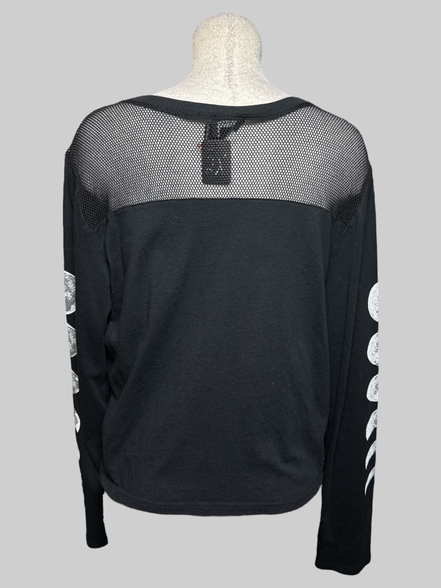 2X black long sleeve top with mesh chest and moon phase graphic on arms