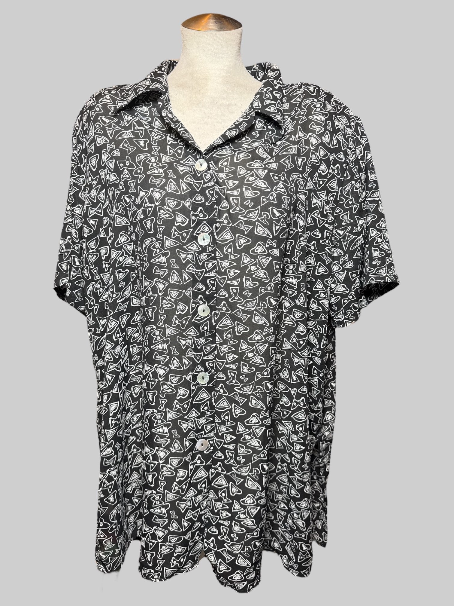 2X vintage black sheer button up with abstract geometric white pattern
