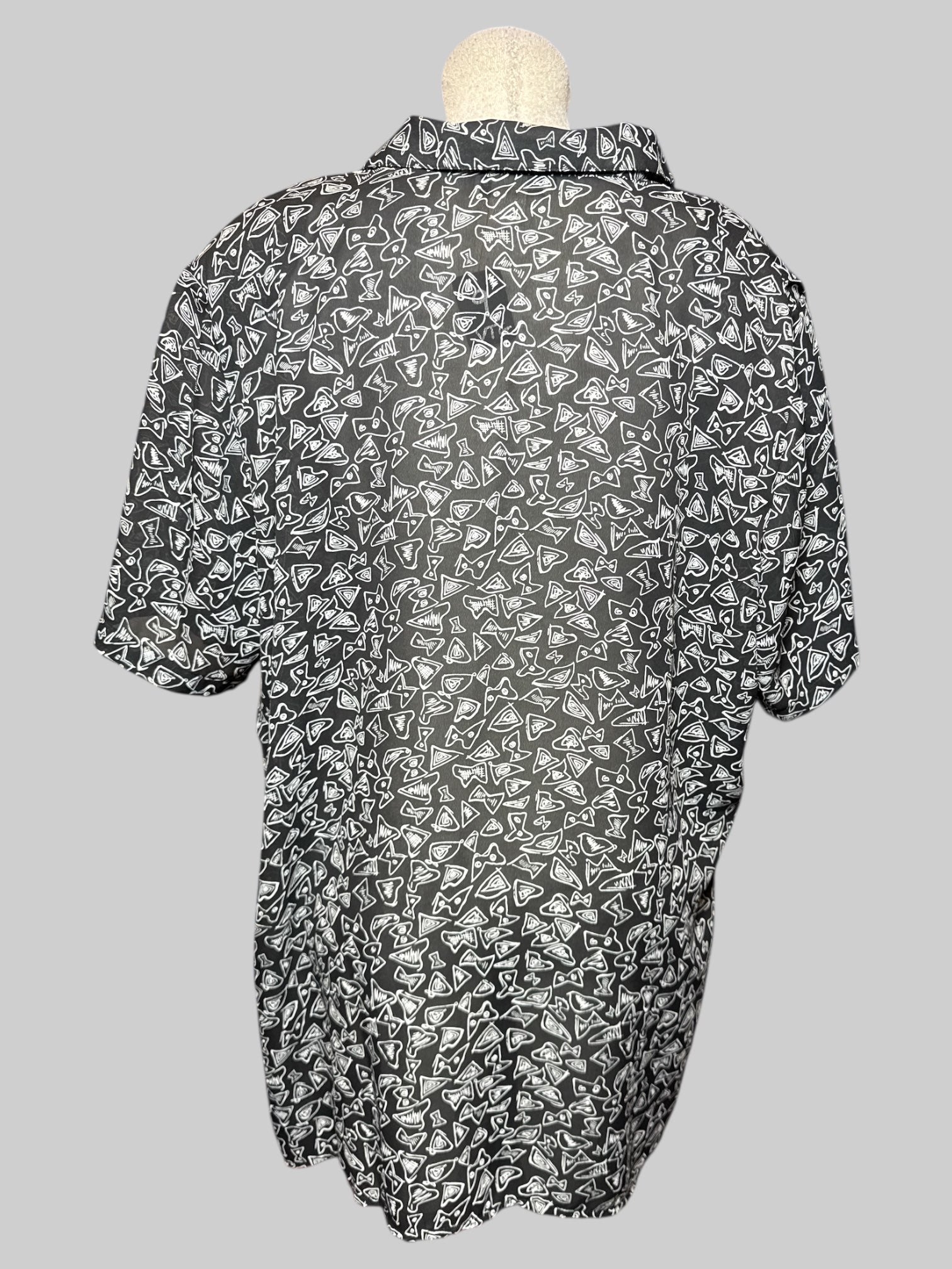 2X vintage black sheer button up with abstract geometric white pattern