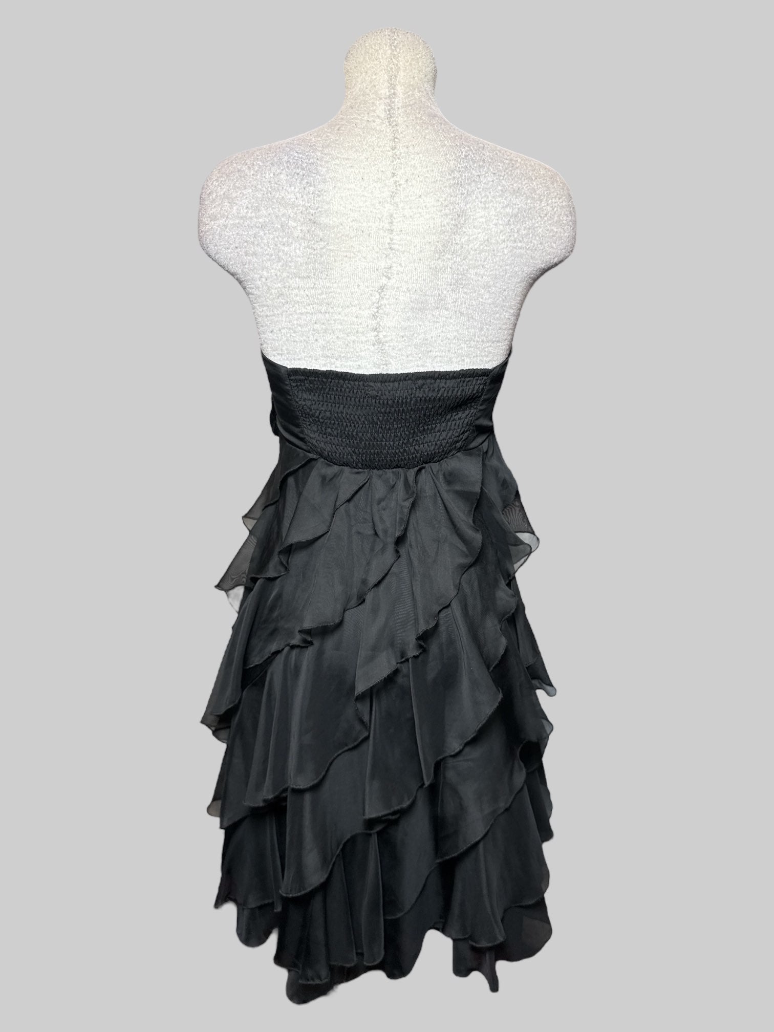 M vintage black strapless ruffle dress with shirred back and velvet bow
