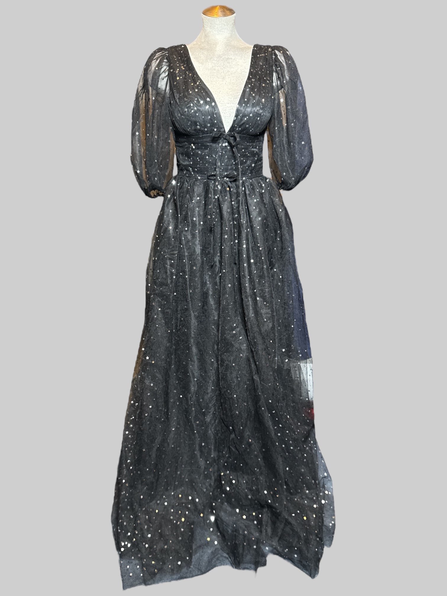 S beautiful black maxi dress with tule, celestial glitter,  lace up back, and balloon sleeves