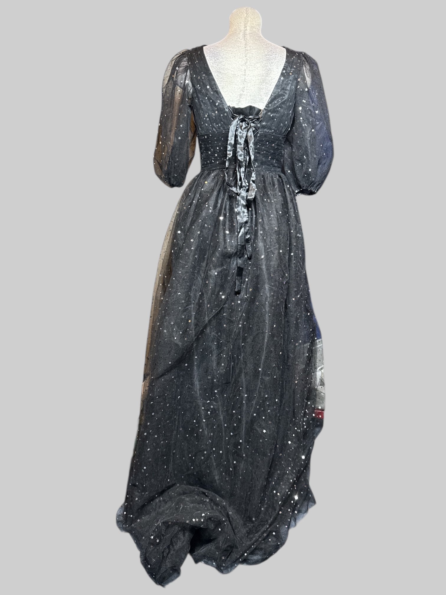S beautiful black maxi dress with tule, celestial glitter,  lace up back, and balloon sleeves