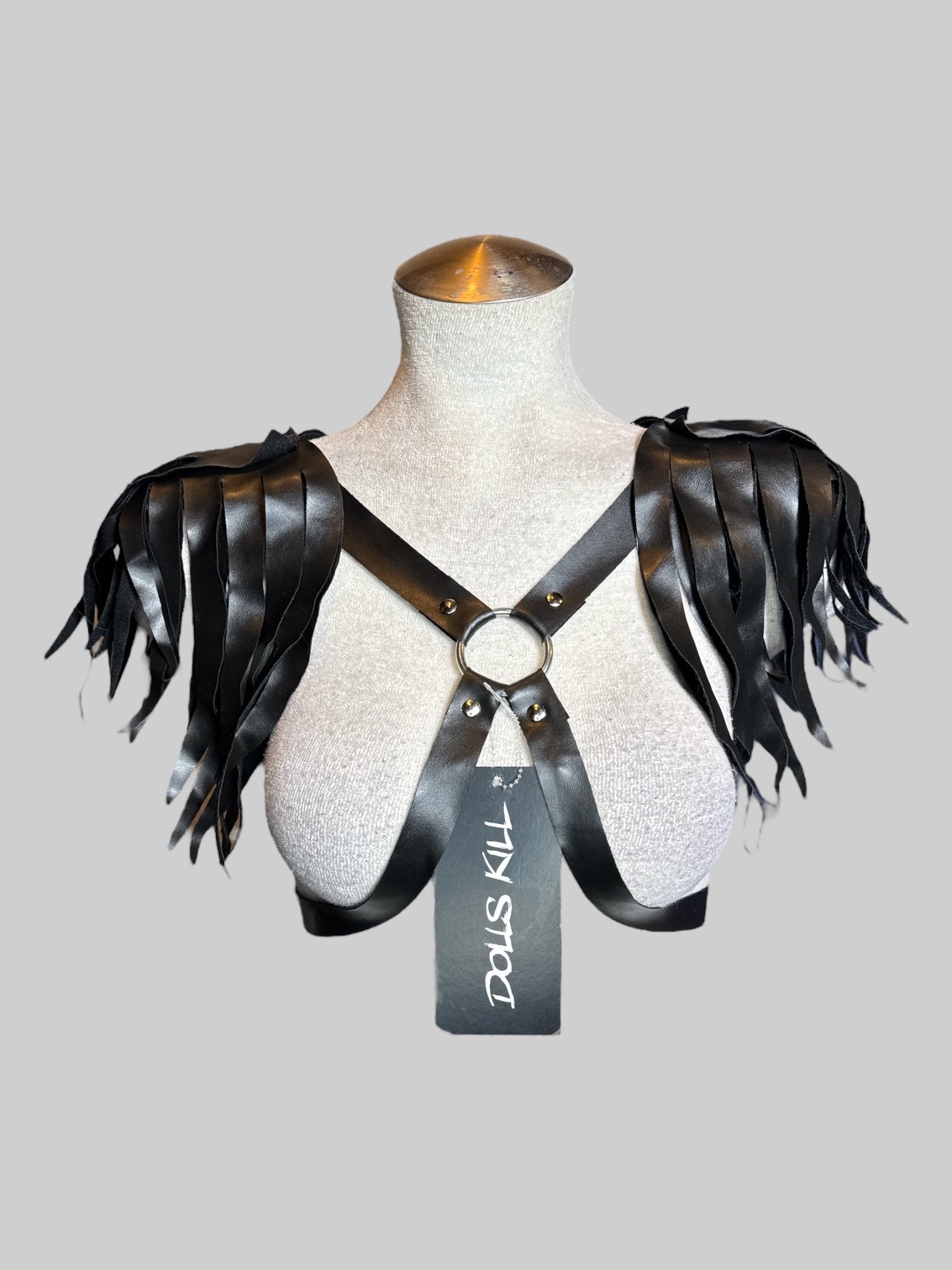 NWT Black leather harness with tassel, shoulder pads, and adjustable buckles on back