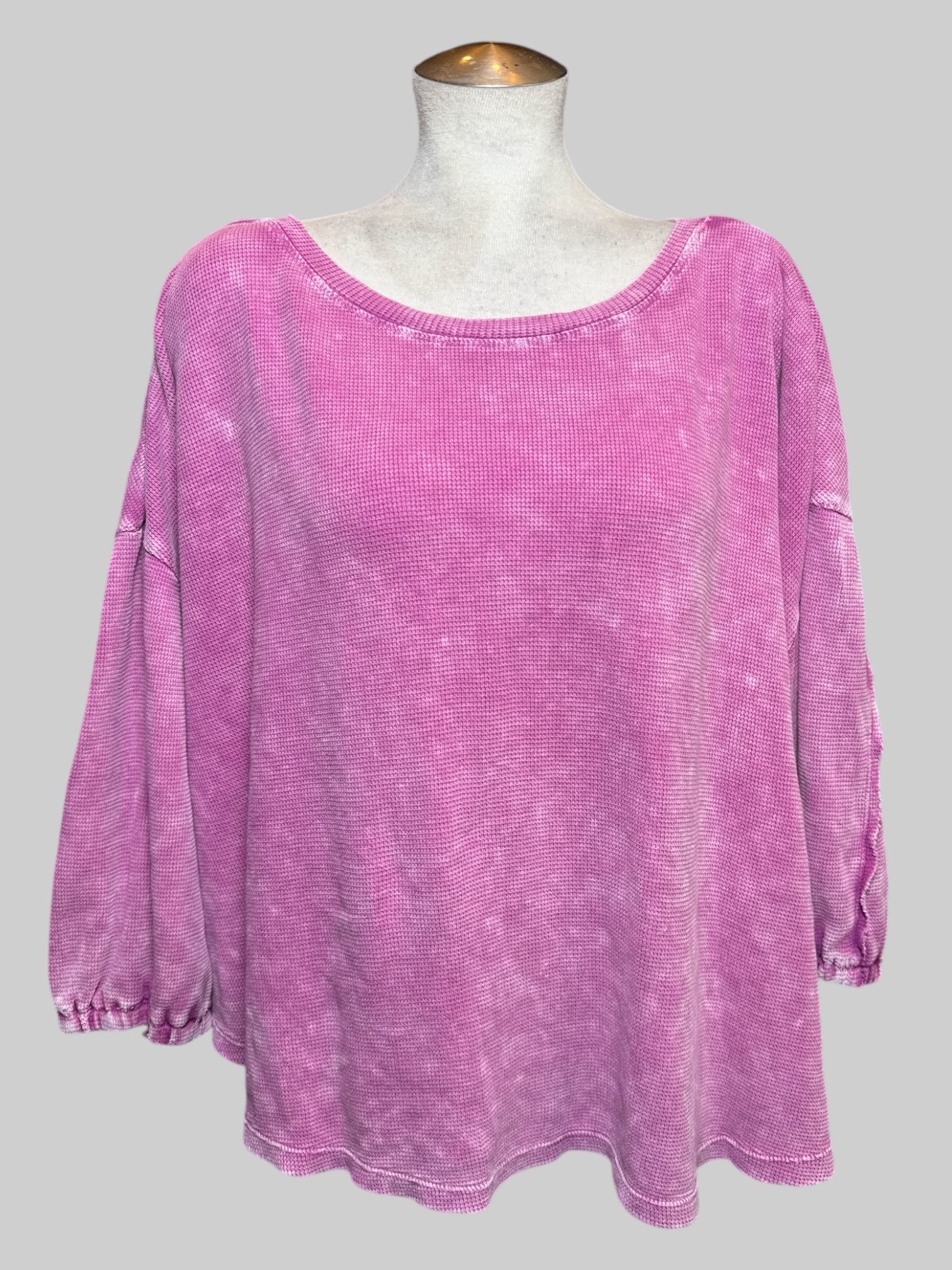 6X waffle knit pink and white acid wash blouse with balloon sleeves