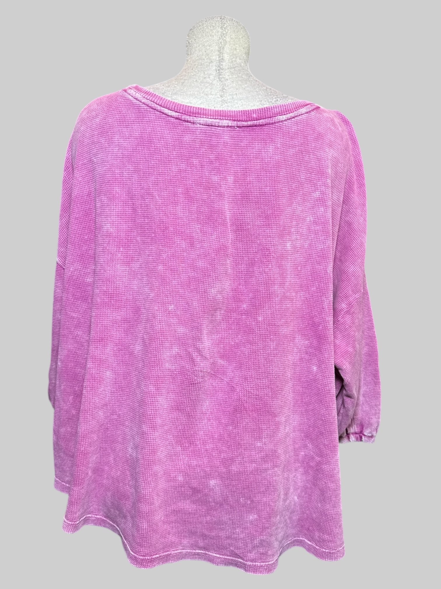 6X waffle knit pink and white acid wash blouse with balloon sleeves