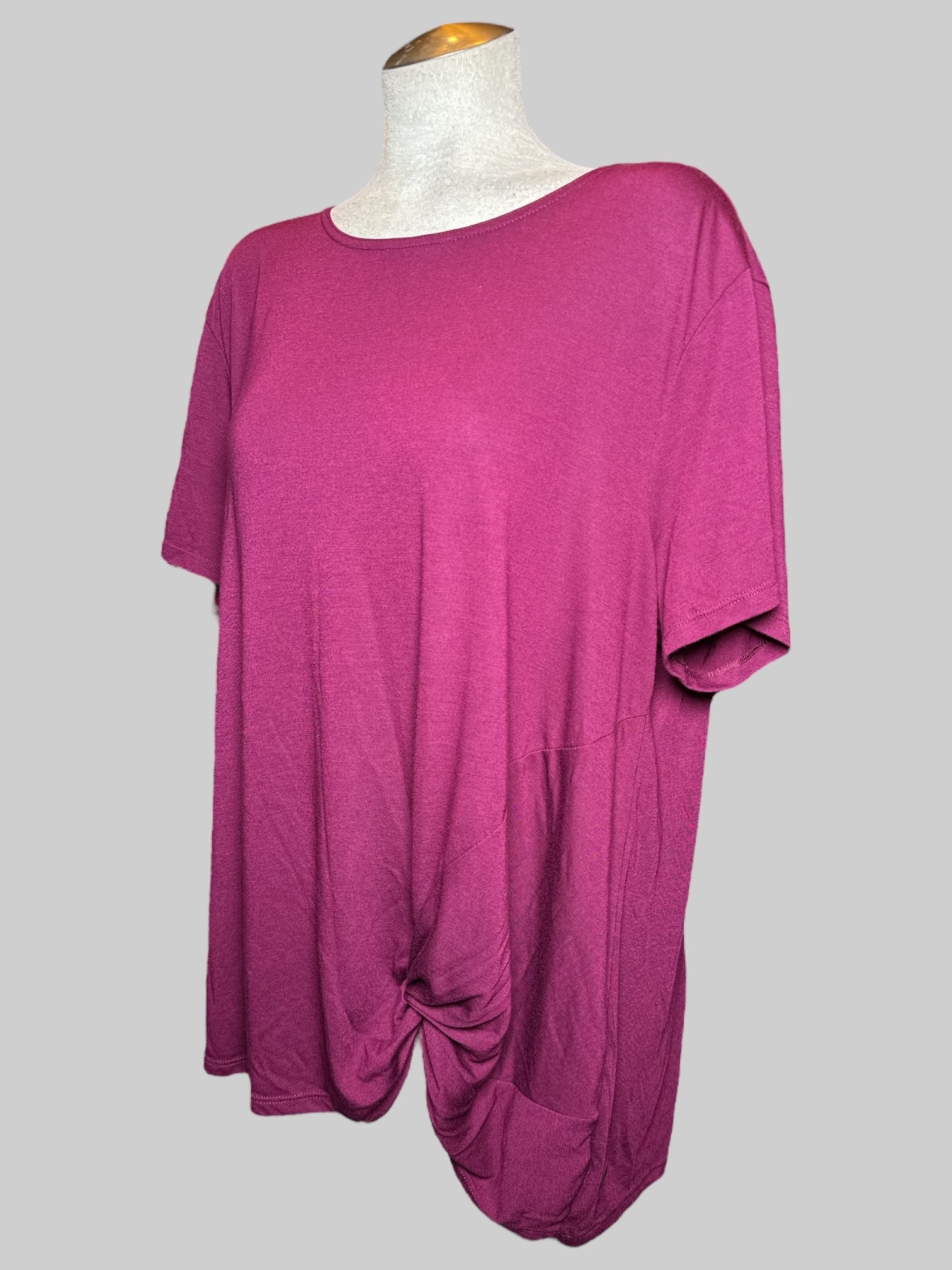 3X burgundy short sleeve athletic top with tie on side