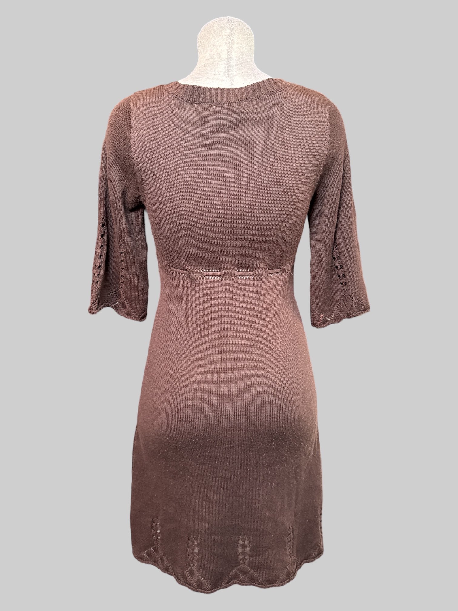 M vintage brown, half sleeve knit dress with drawstring, and cutout design on cuffs and bottom hem