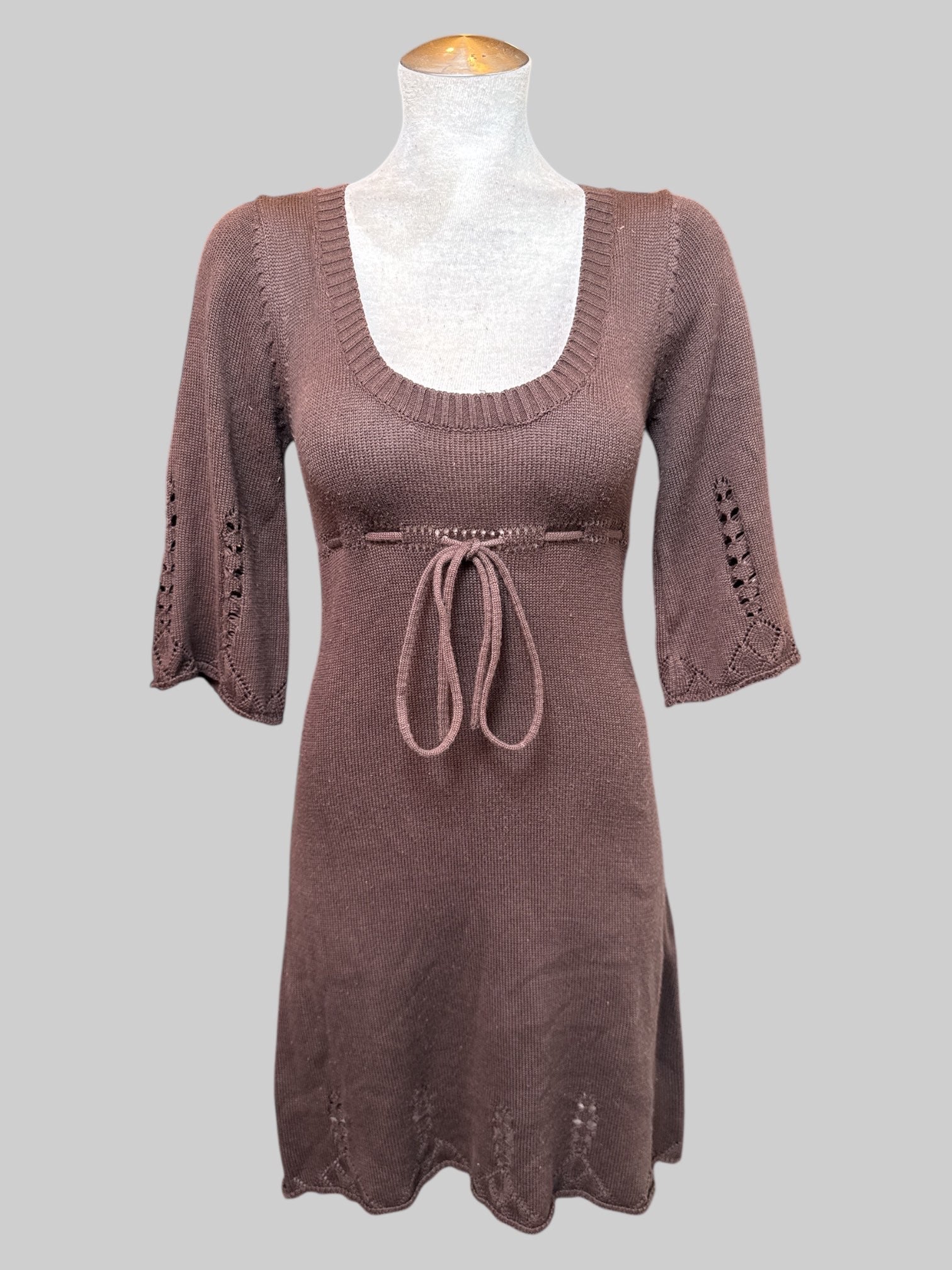 M vintage brown, half sleeve knit dress with drawstring, and cutout design on cuffs and bottom hem