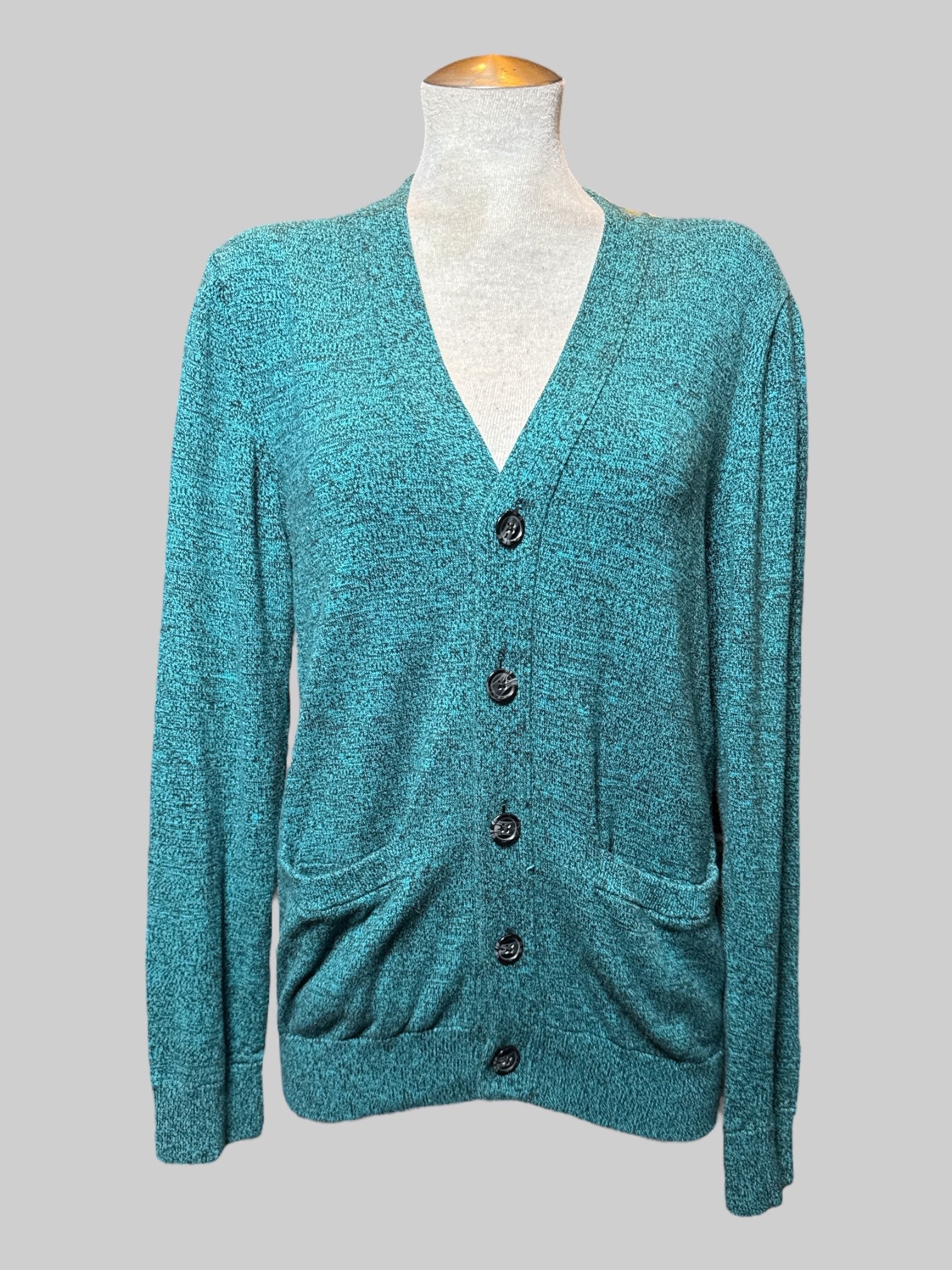L green and black knit button-down cardigan with pockets on front