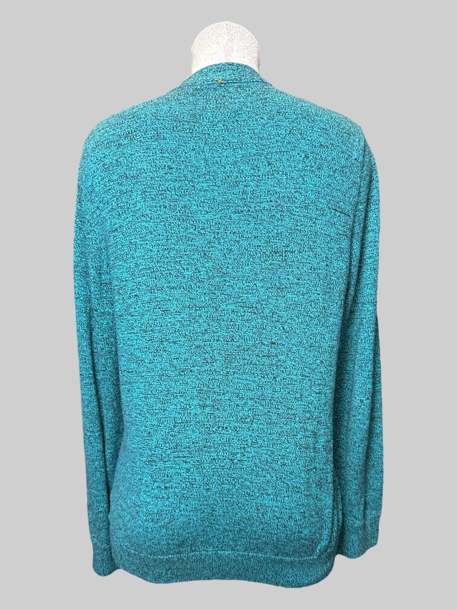 L green and black knit button-down cardigan with pockets on front