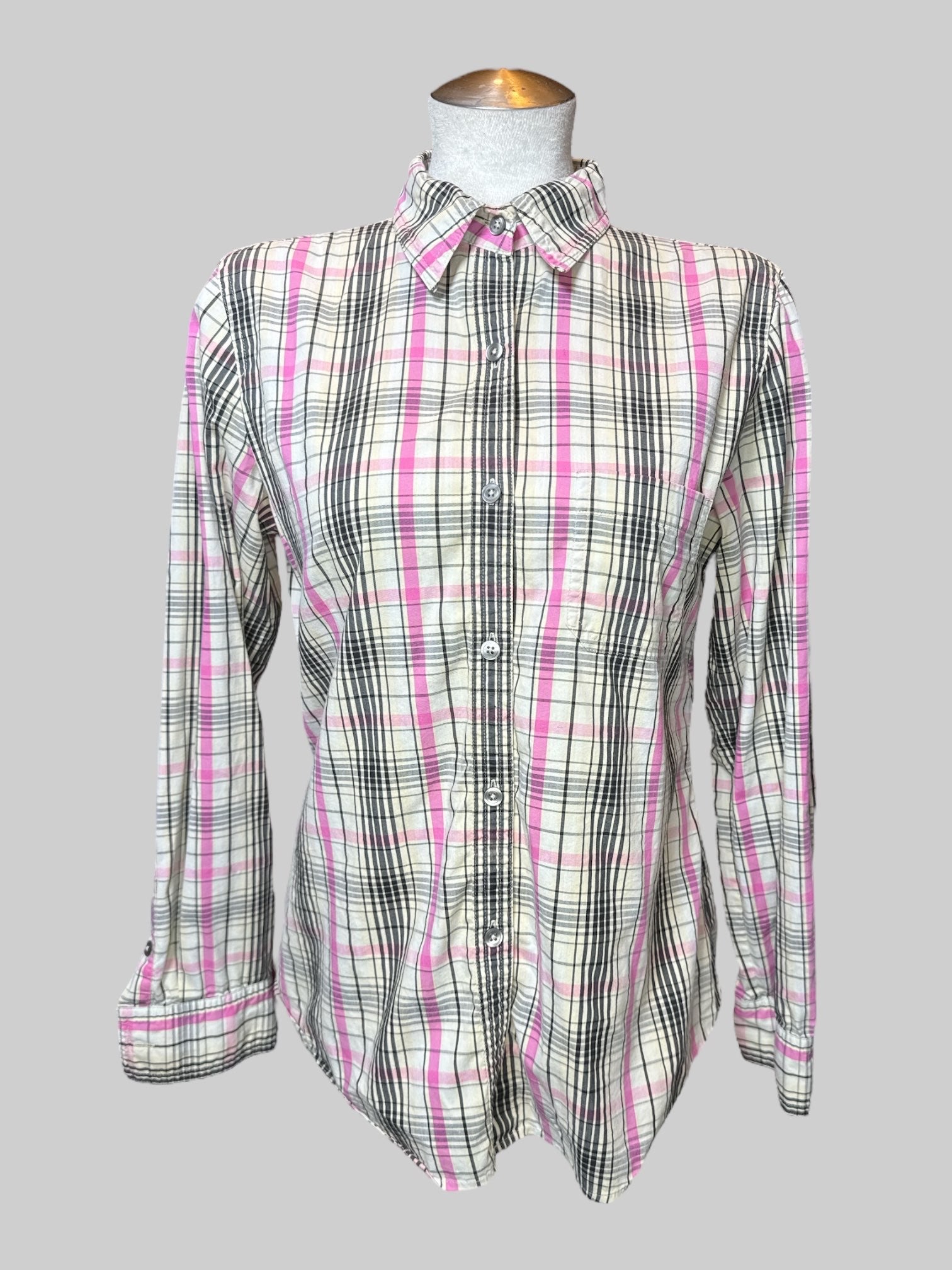 Black off-white and pink plaid button-down with front pocket on chest