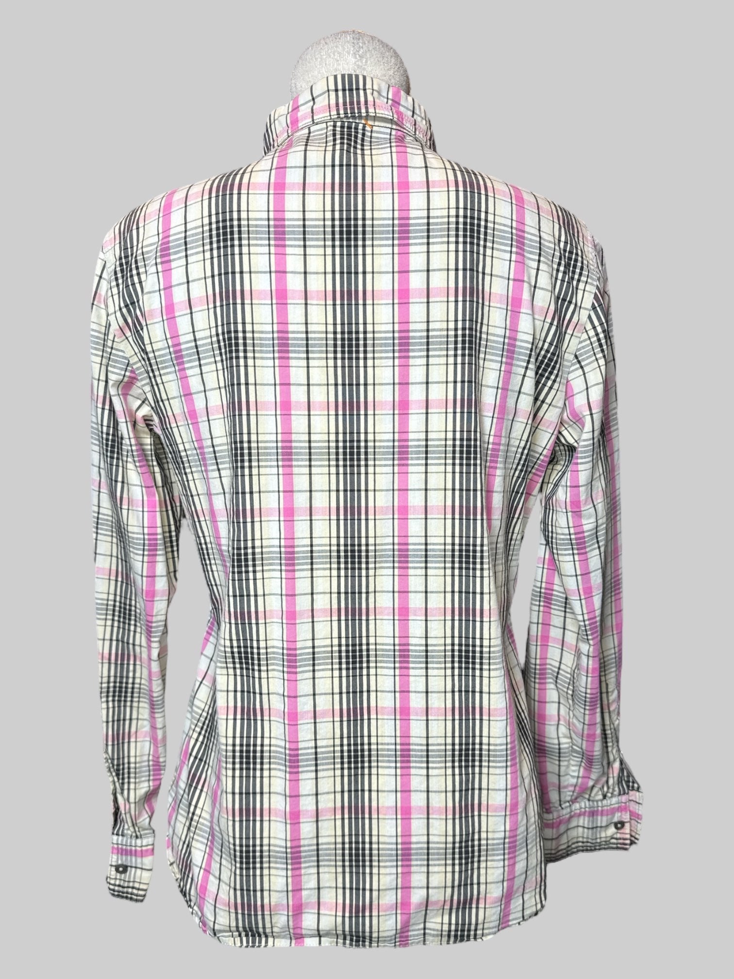 Black off-white and pink plaid button-down with front pocket on chest