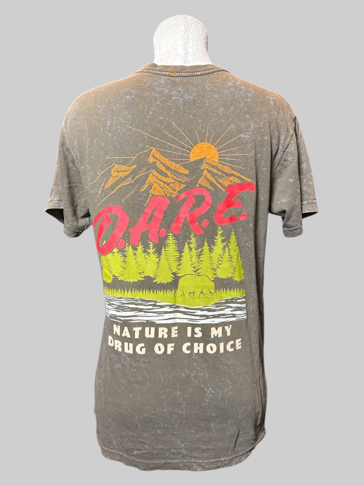 L brown and gray tie-dye top with DARE graphics