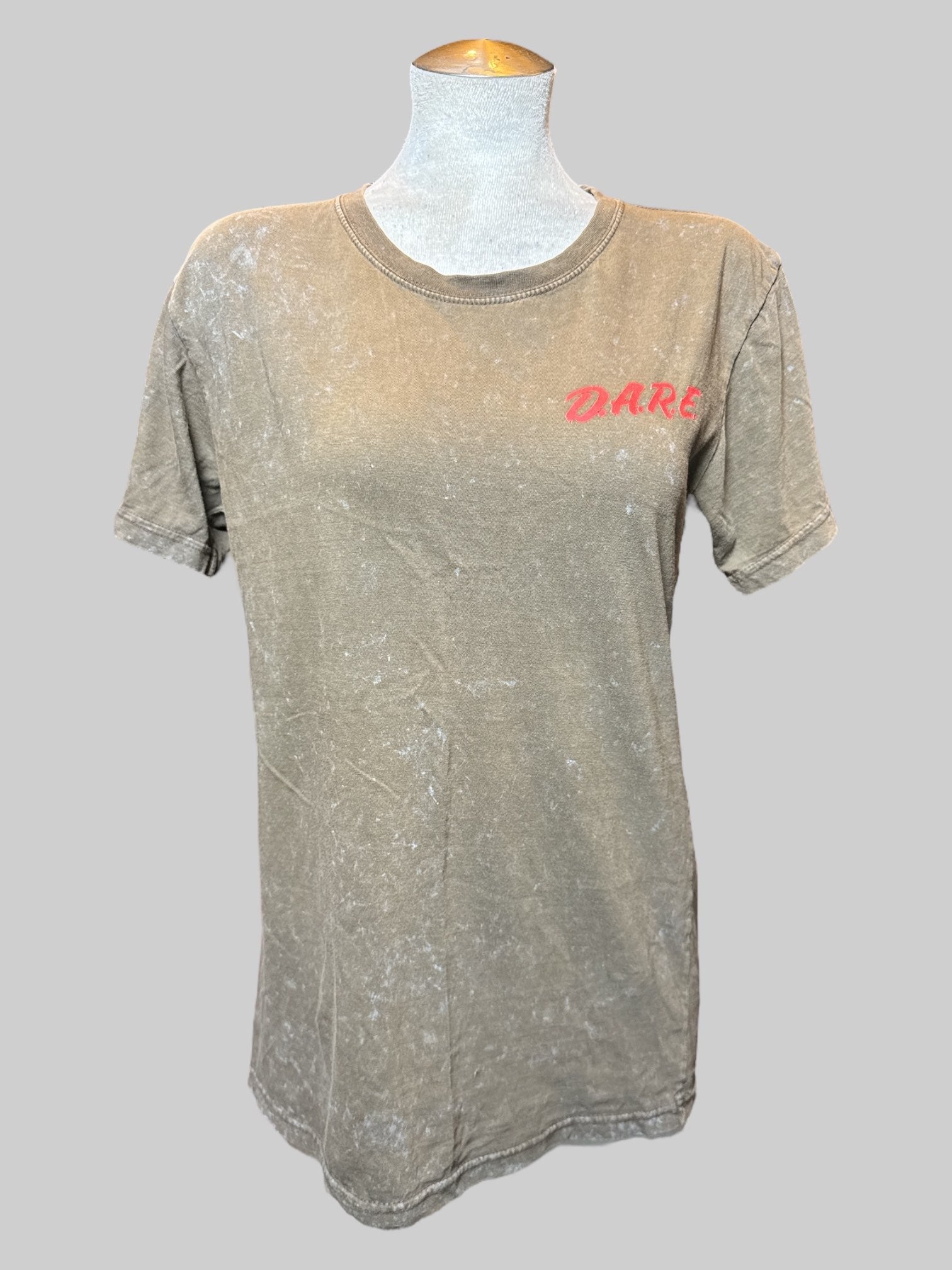 L brown and gray tie-dye top with DARE graphics