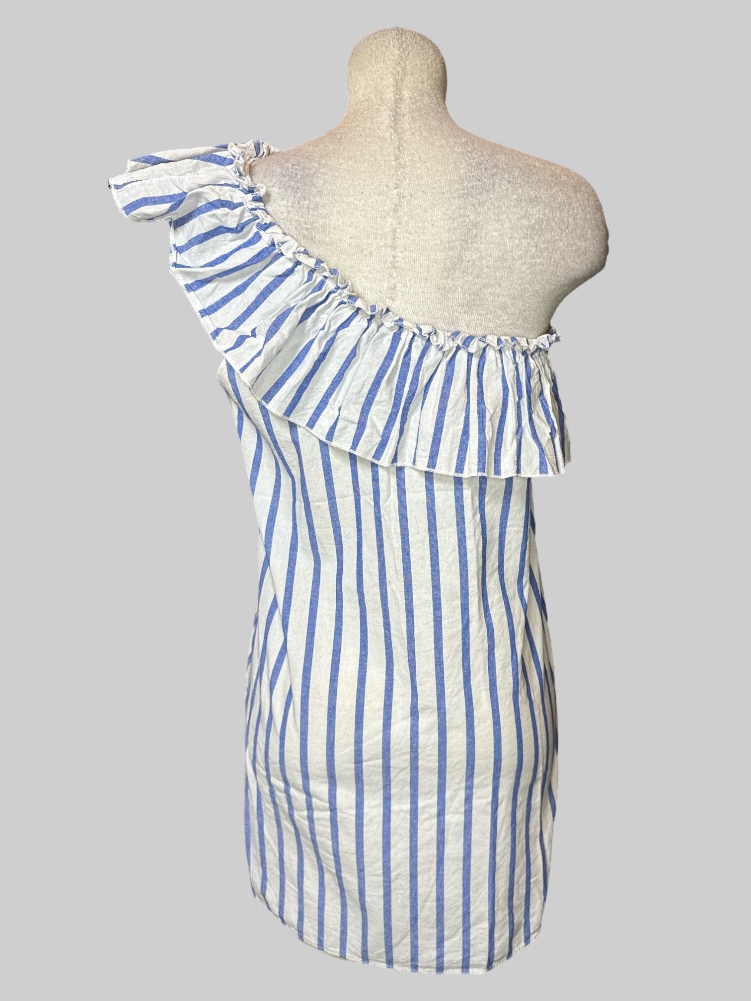 L blue and white striped sleepless dress with one shoulder, and ruffle design on neck line