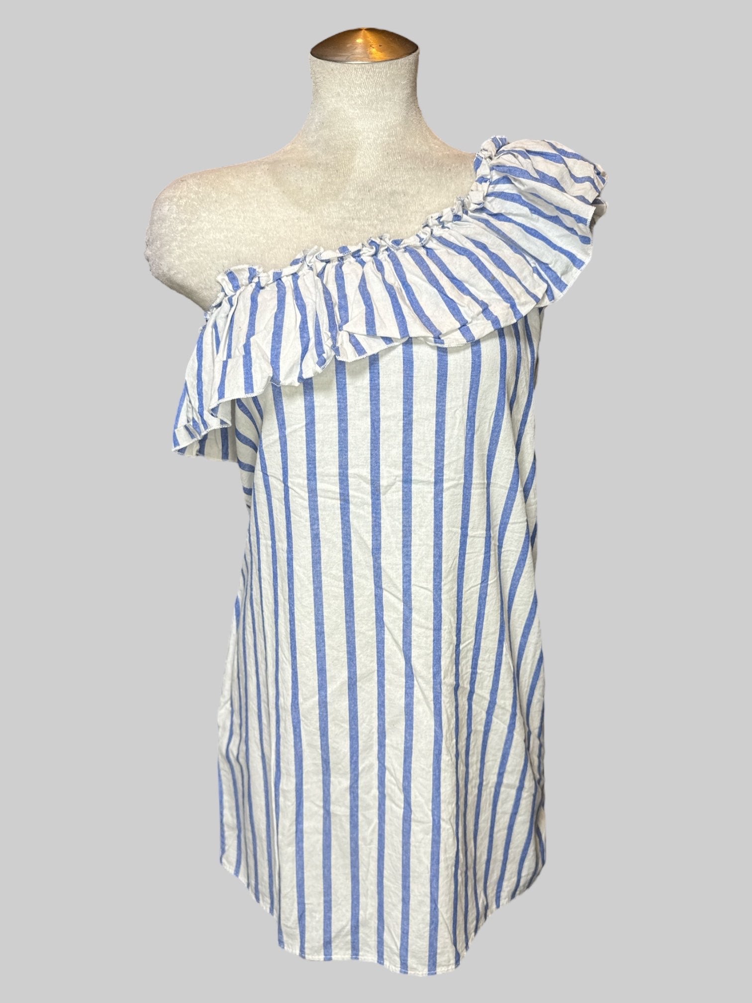 L blue and white striped sleepless dress with one shoulder, and ruffle design on neck line
