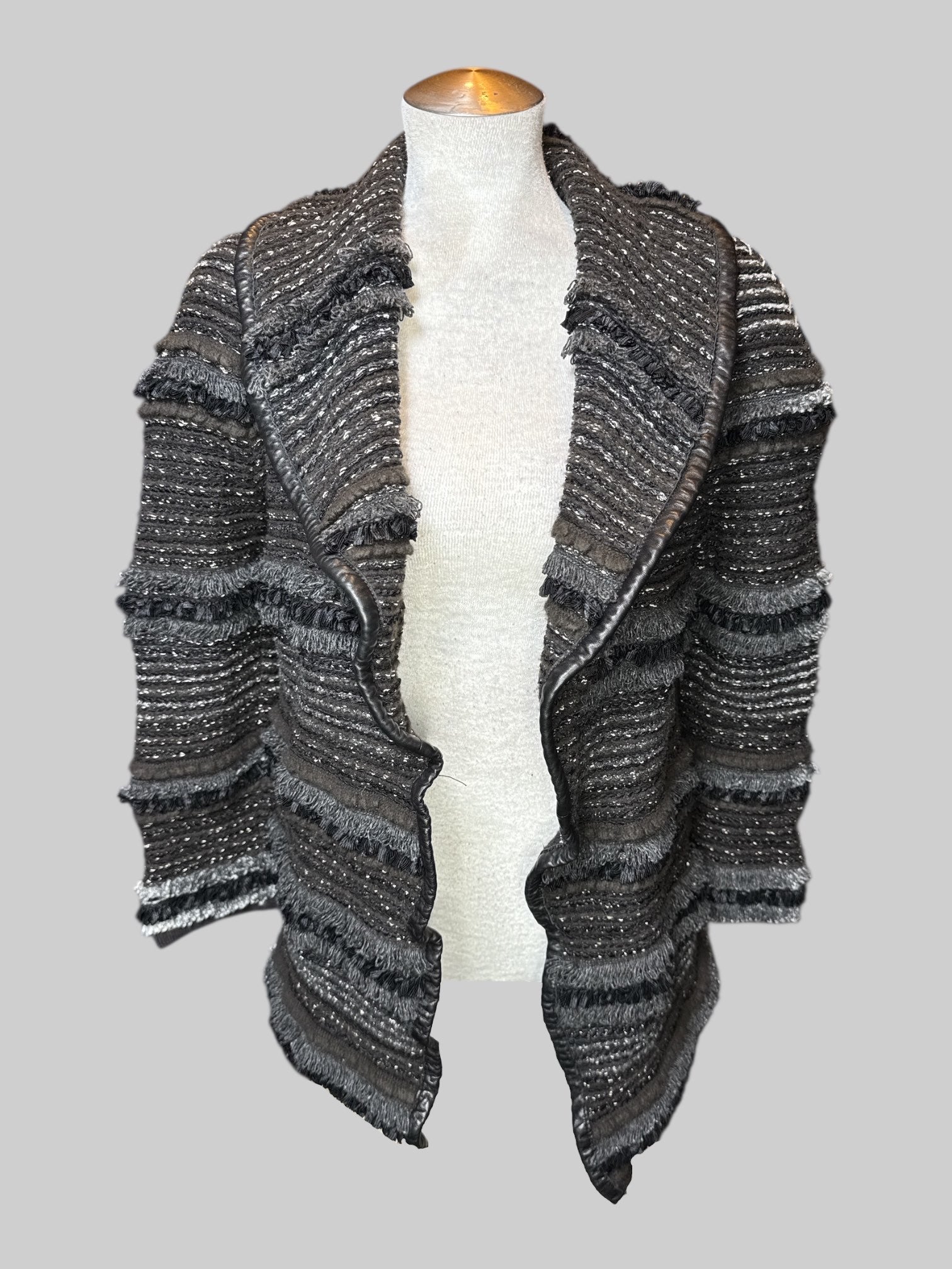 L brown, black and silver fringe jacket with large collar and leather lining on neck line