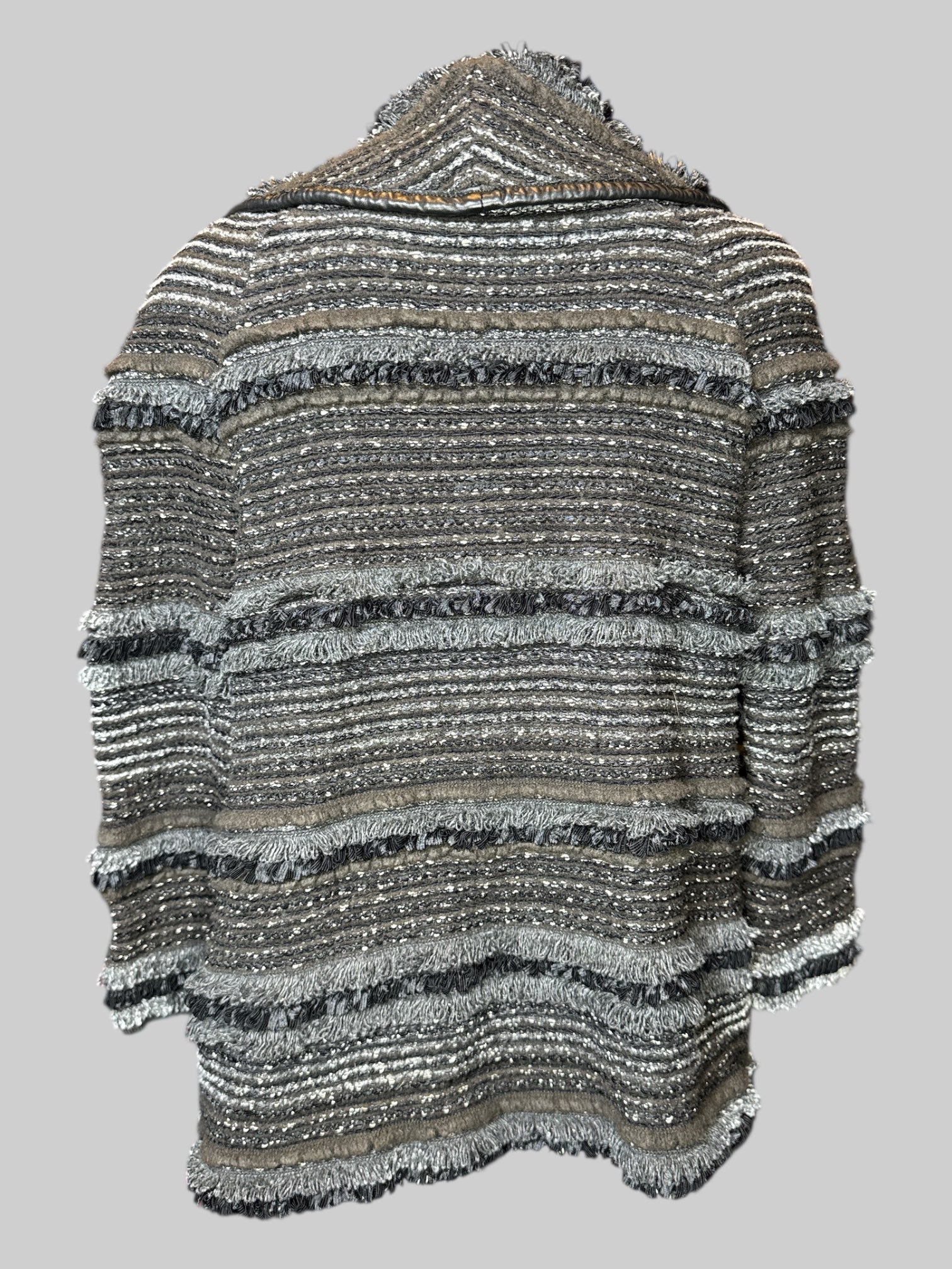 L brown, black and silver fringe jacket with large collar and leather lining on neck line