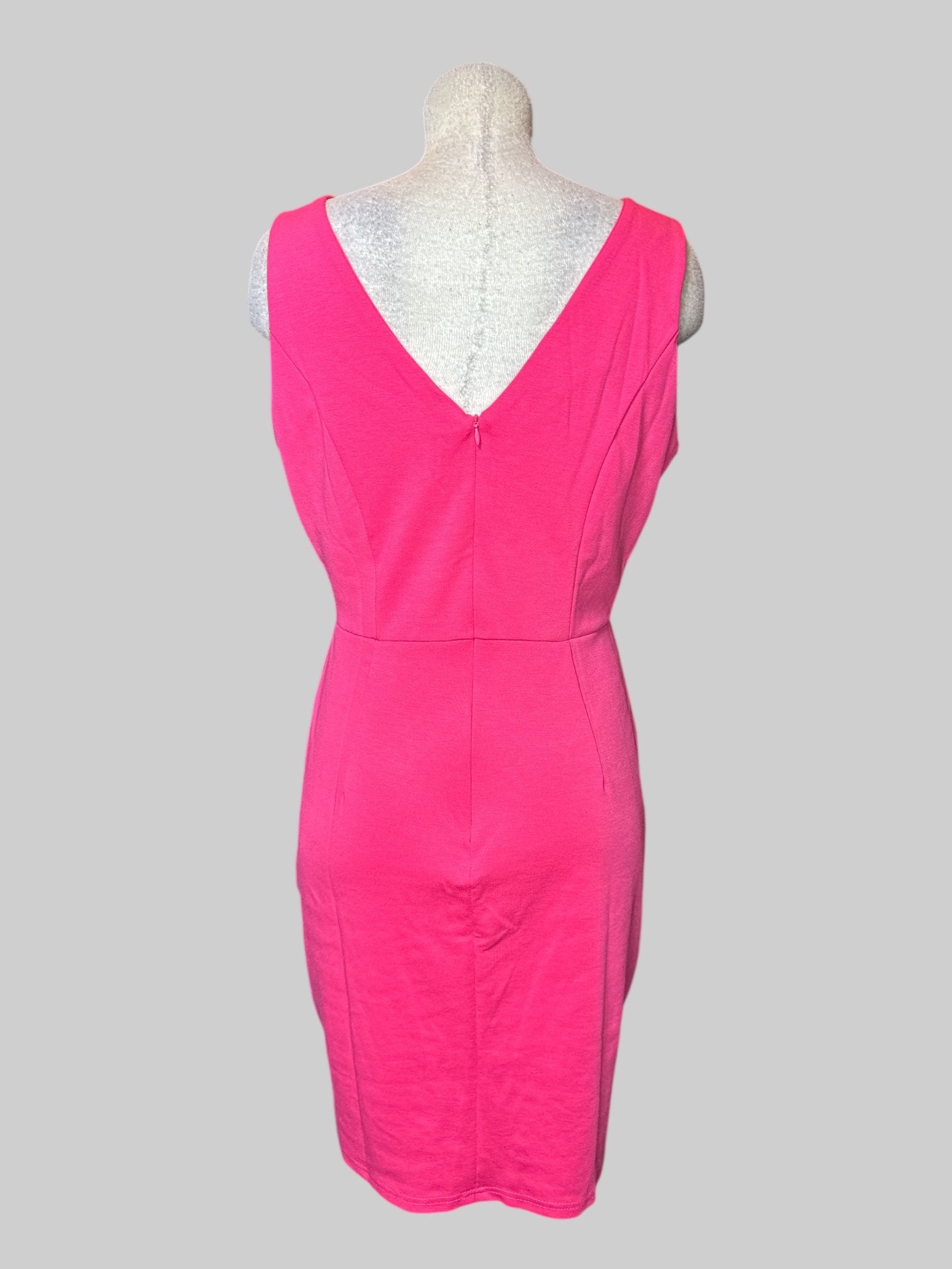 XL pink sleeveless dress with V-neck, cut, pleated faux wrap design on front, and zipper on back