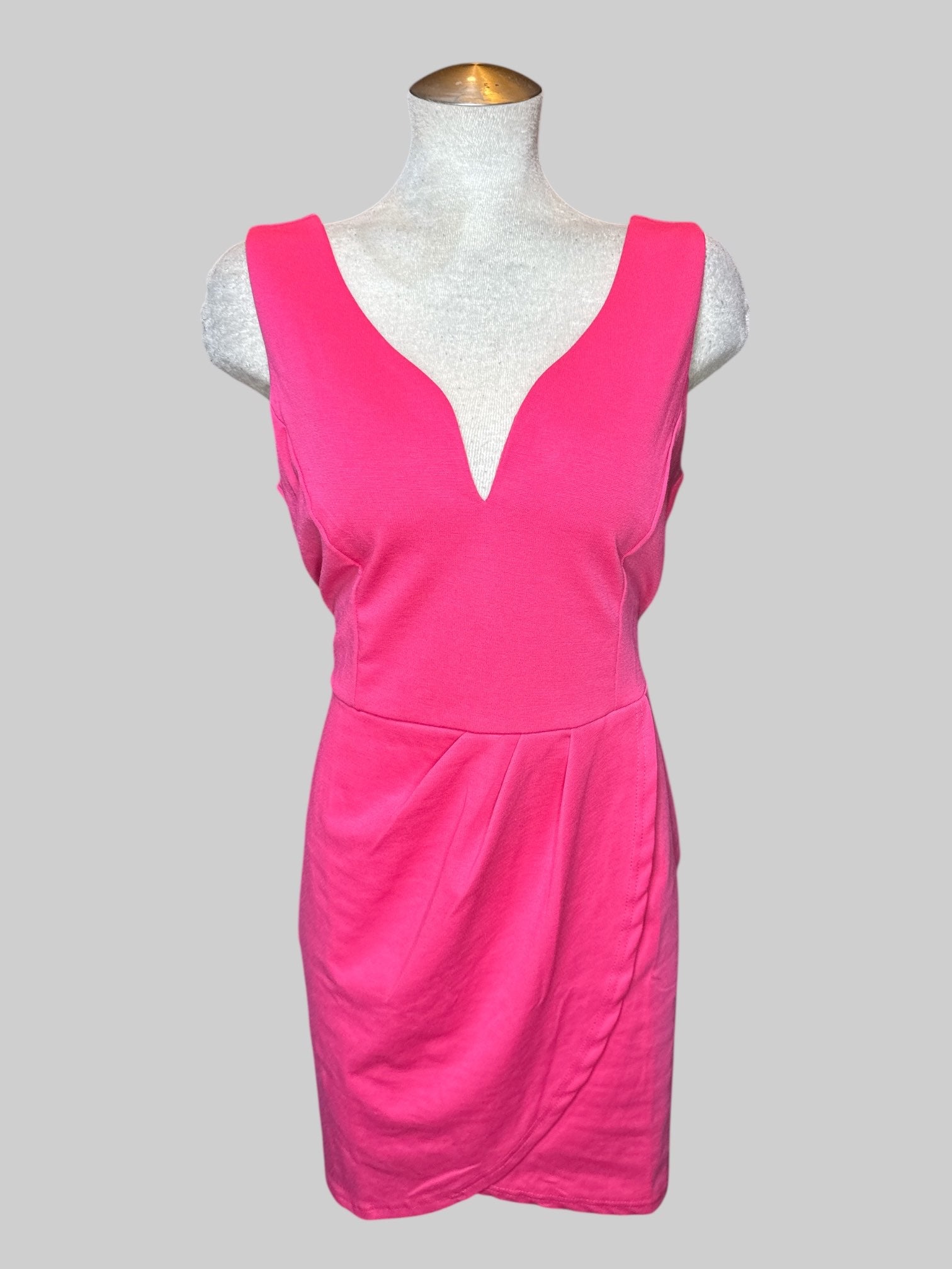 XL pink sleeveless dress with V-neck, cut, pleated faux wrap design on front, and zipper on back