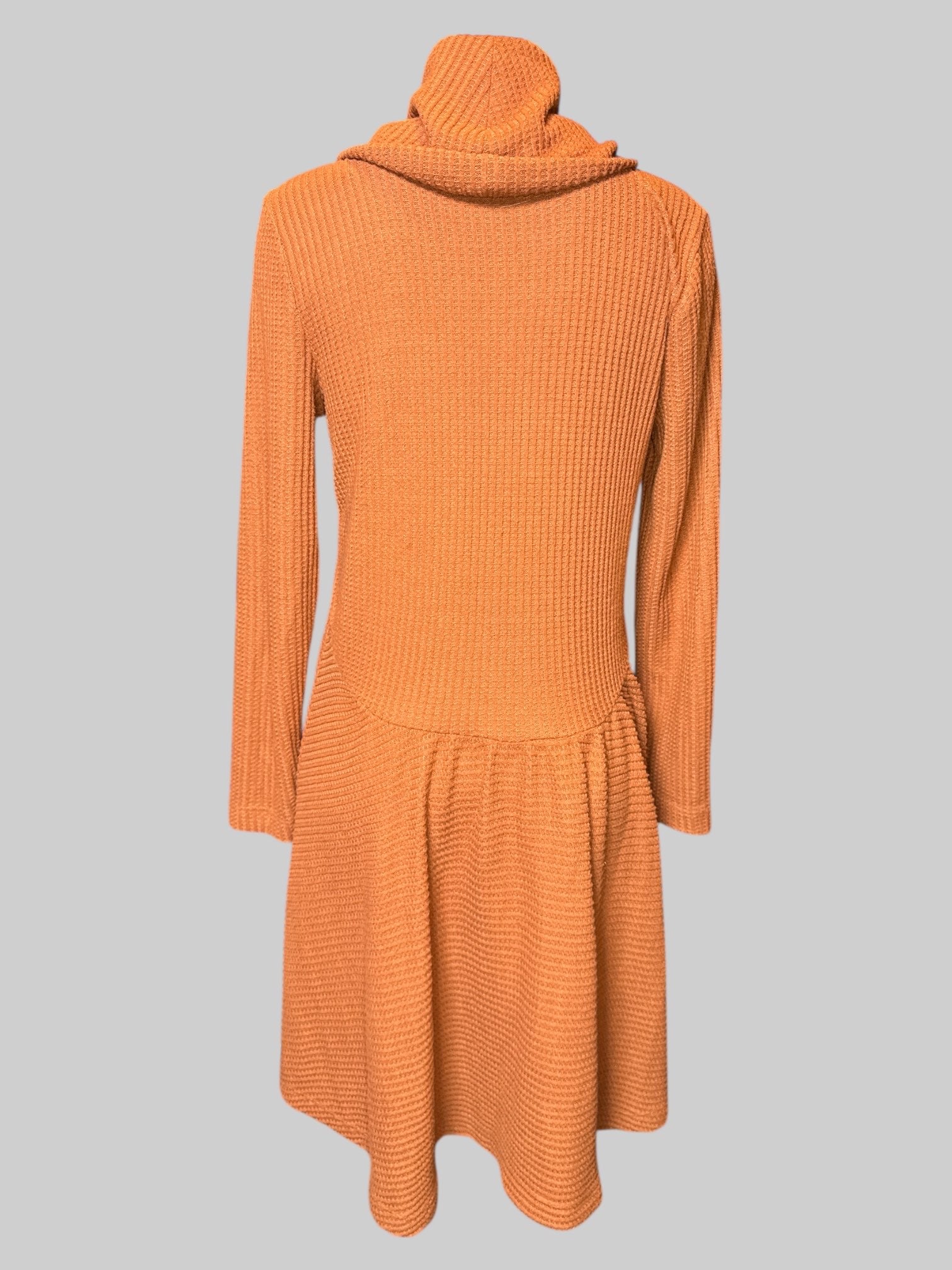 XL orange, long sleeve waffle knit dress with cowl neck