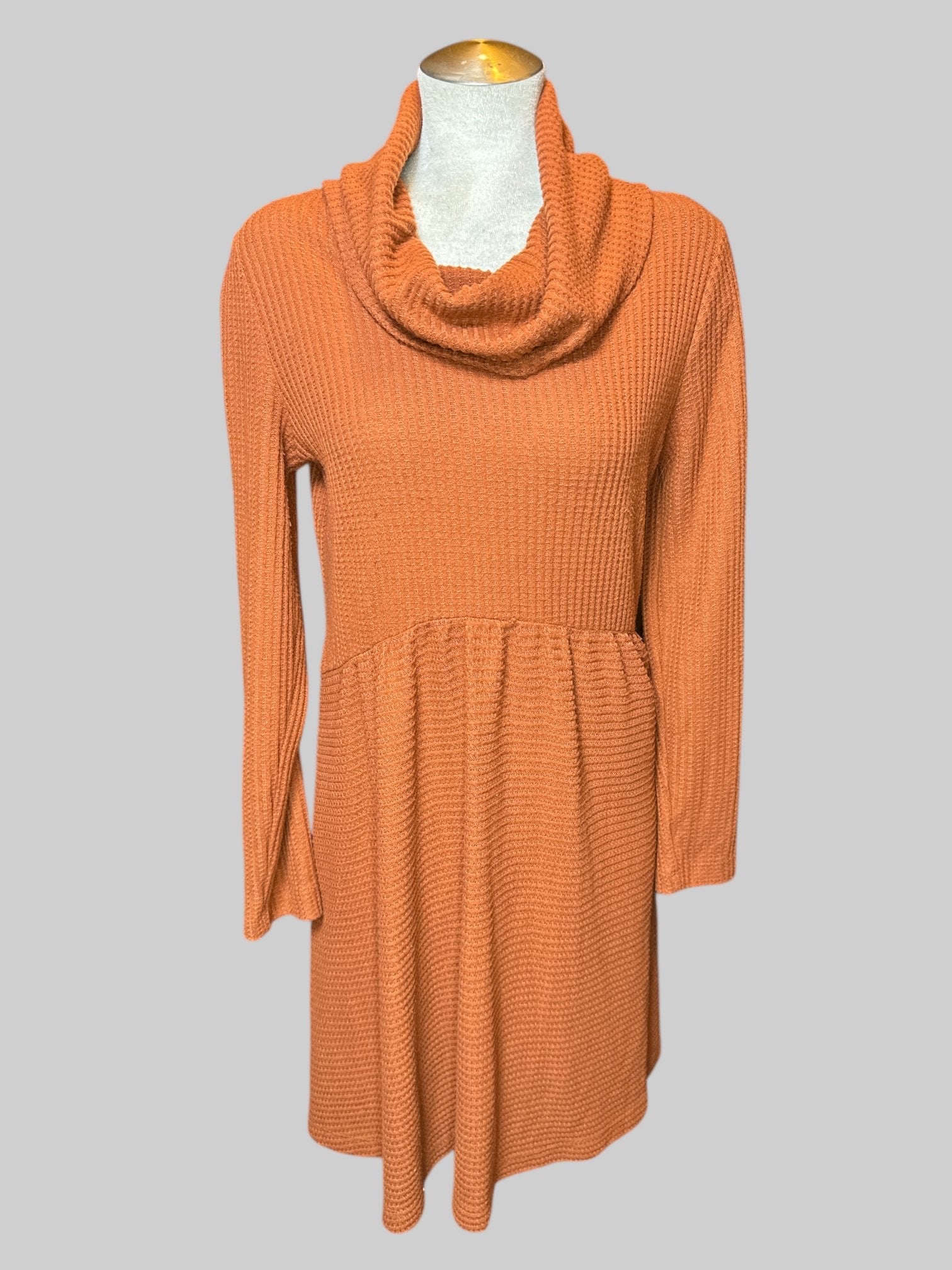 XL orange, long sleeve waffle knit dress with cowl neck