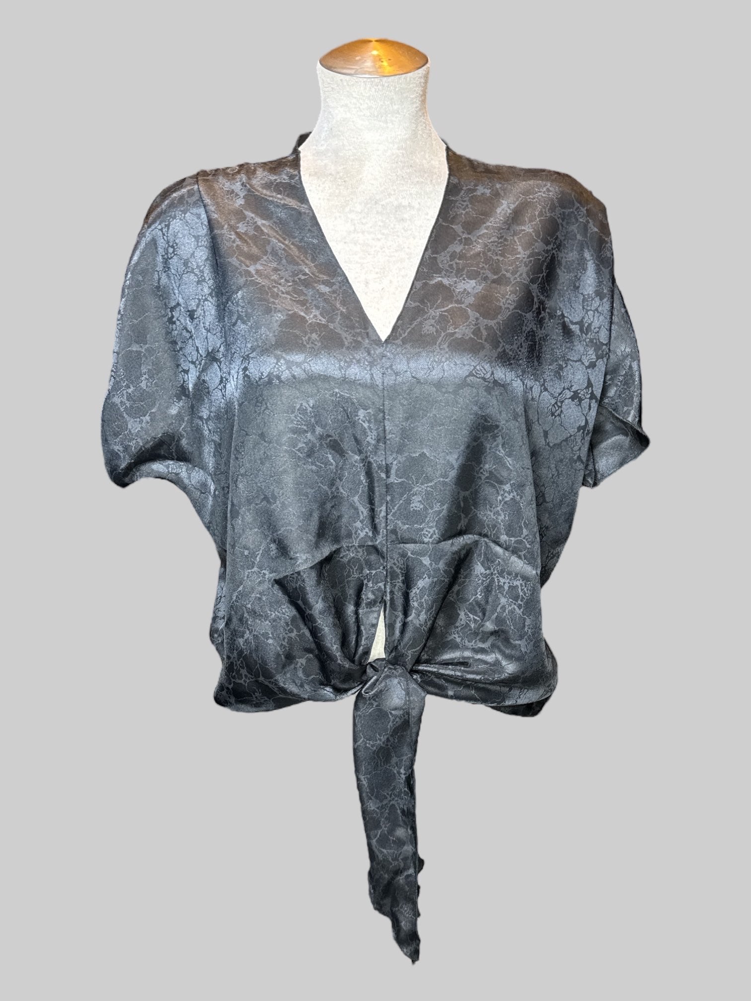 XL vintage black, short sleeve top with floral burnout, design, and tie on front