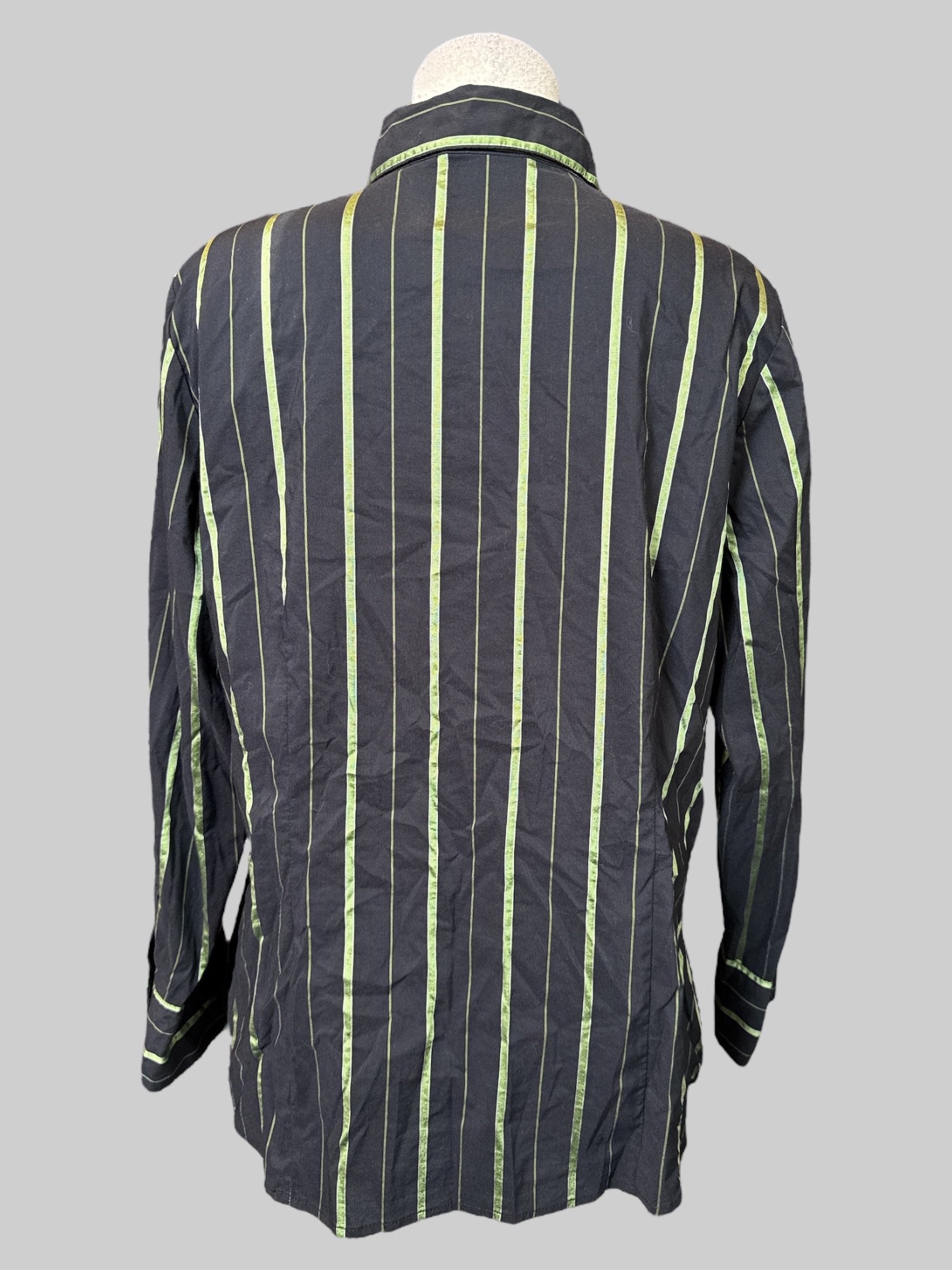 1X black and green striped long sleeve button-down top with button