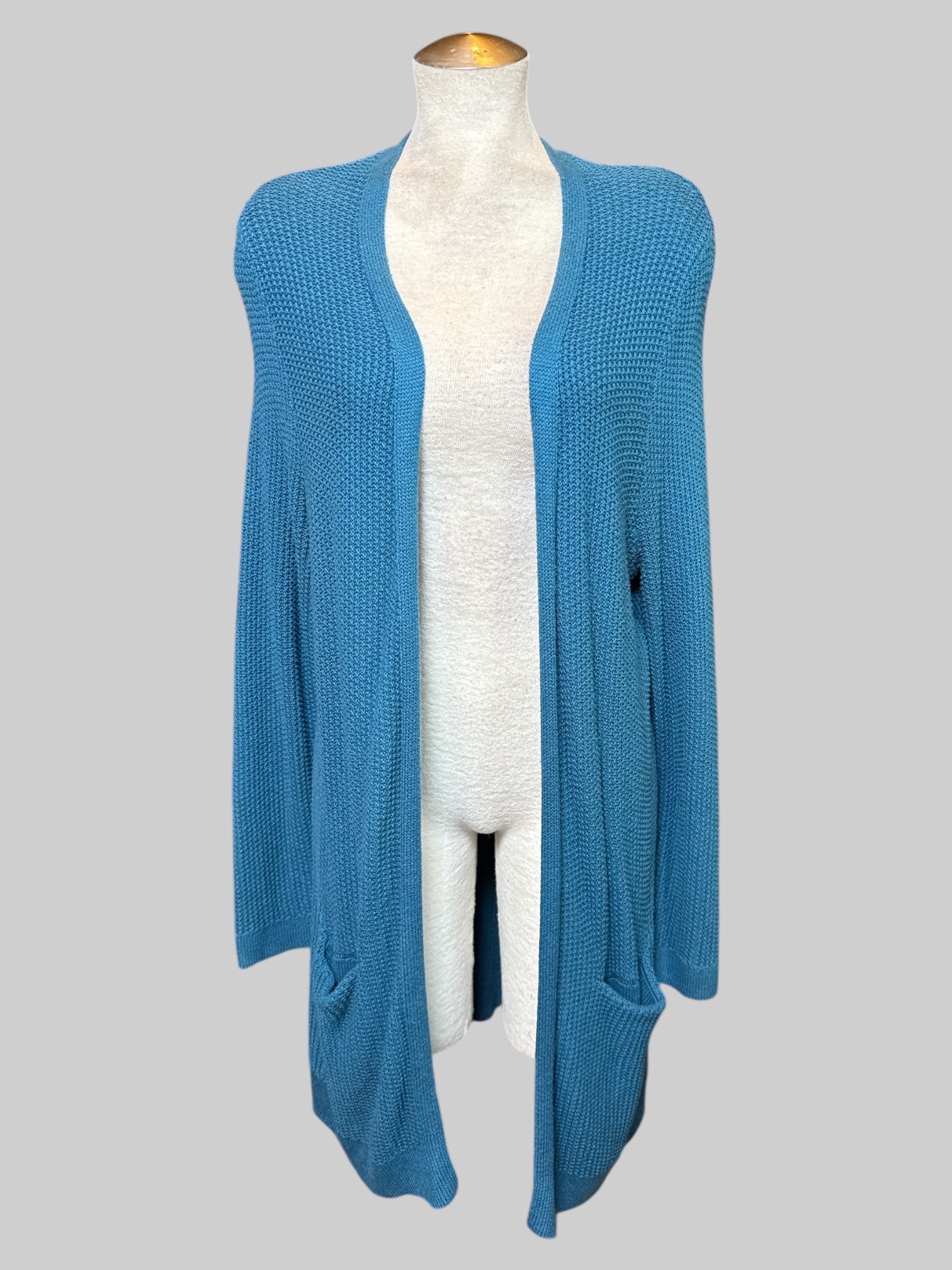 1X teal knit long sleeve cardigan with pockets