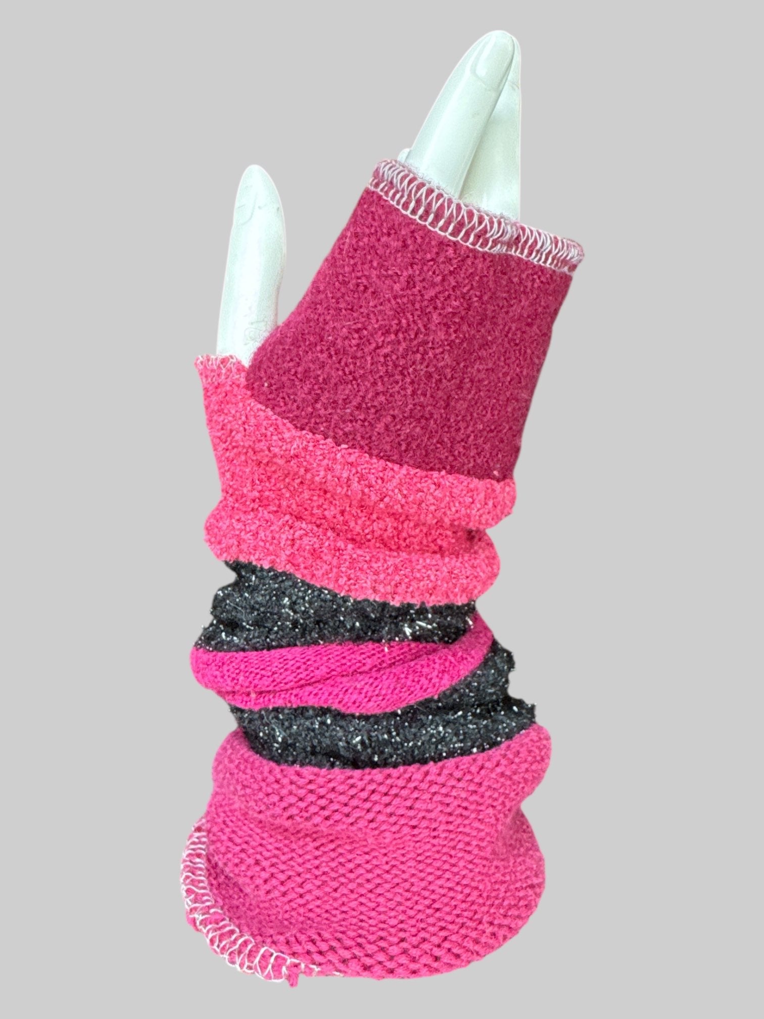 Pink, maroon, and black with silver tinsel arm warmers