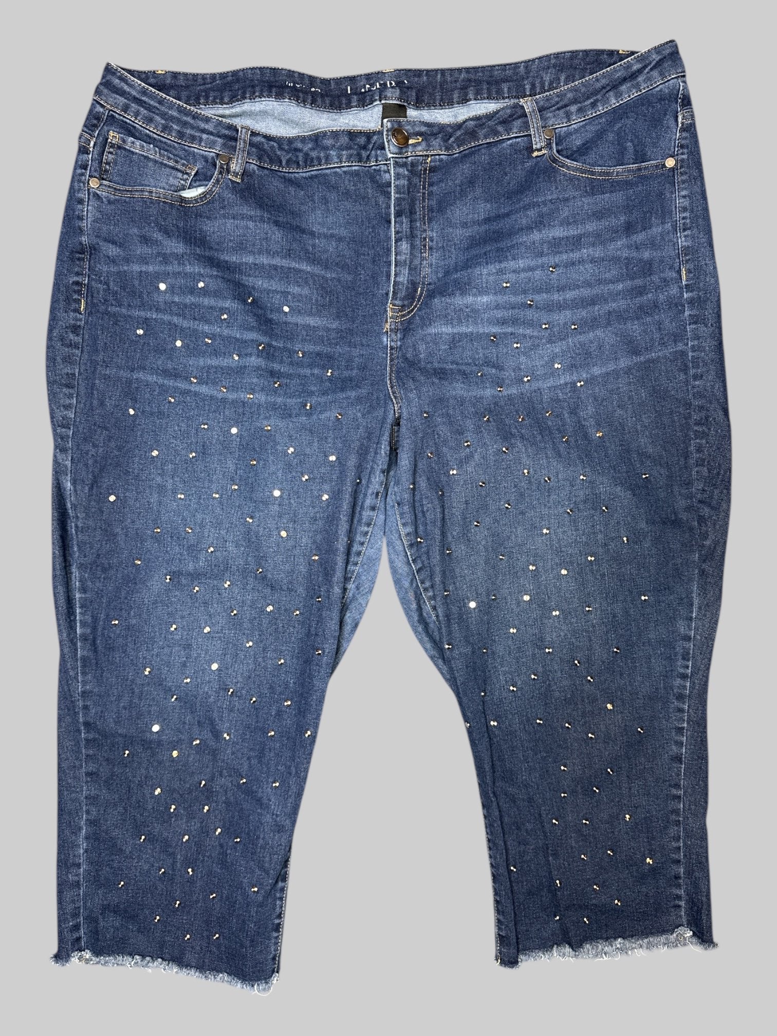 3X denim jeans with little metal studs on front, belt, loops, and pockets