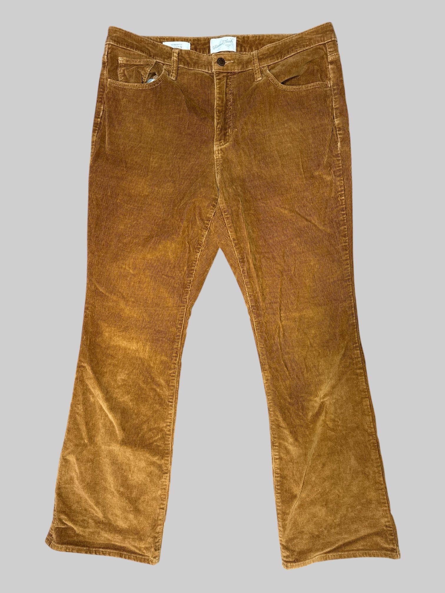 XL brown corduroy pants with belt, pockets, and slightly flared legs