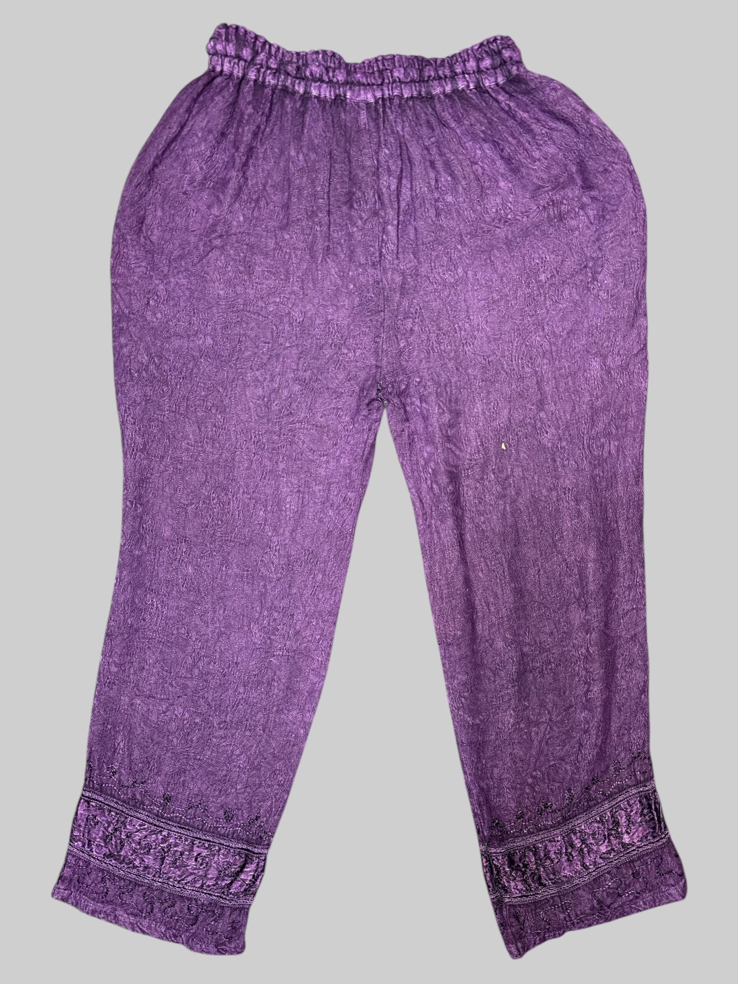 XL purple, soft, stretchy pants with drawstrings, pockets, and or Nate embroidery on legs