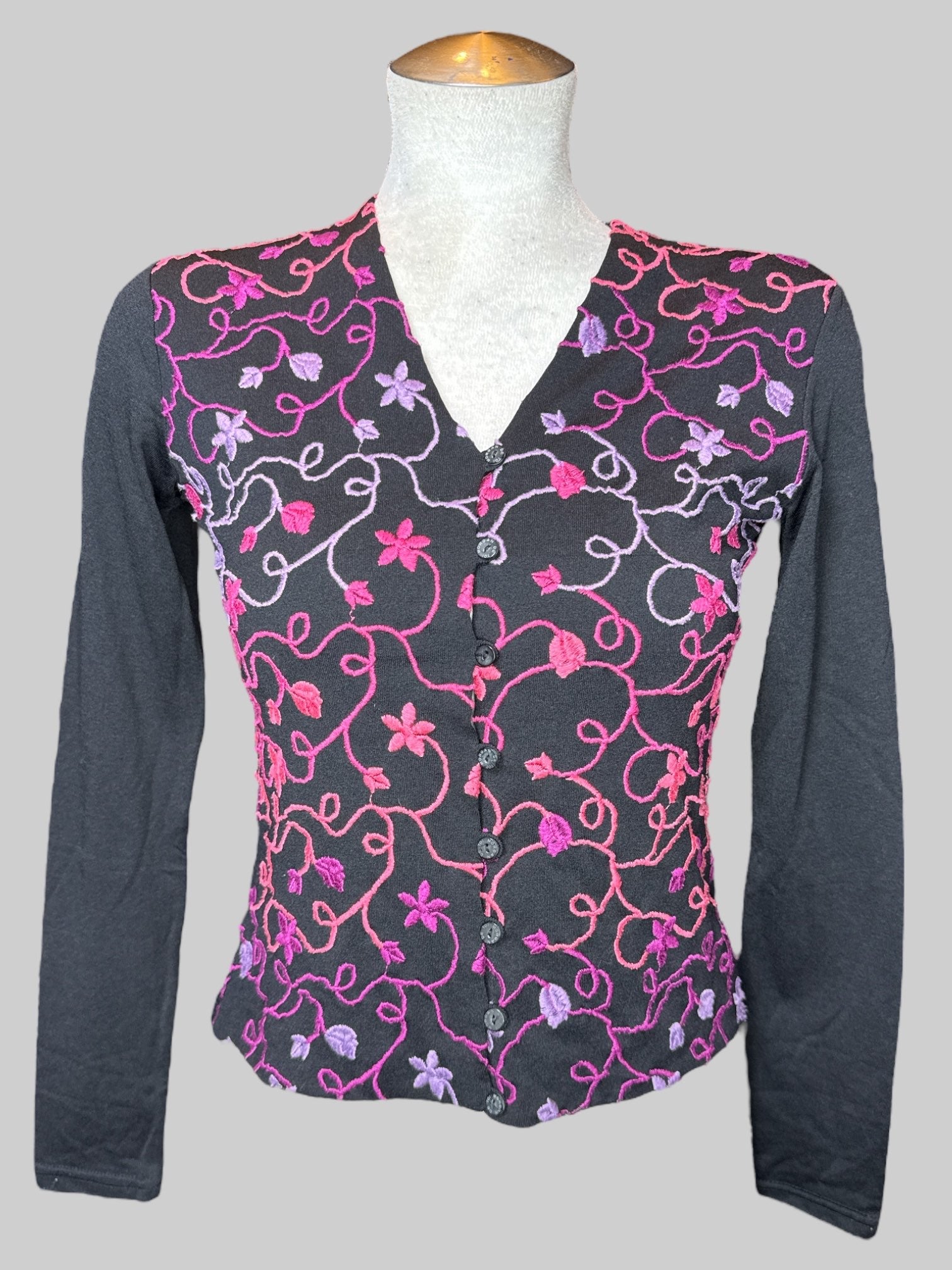S vintage long sleeve and down top with pink and purple floral embroidery on front