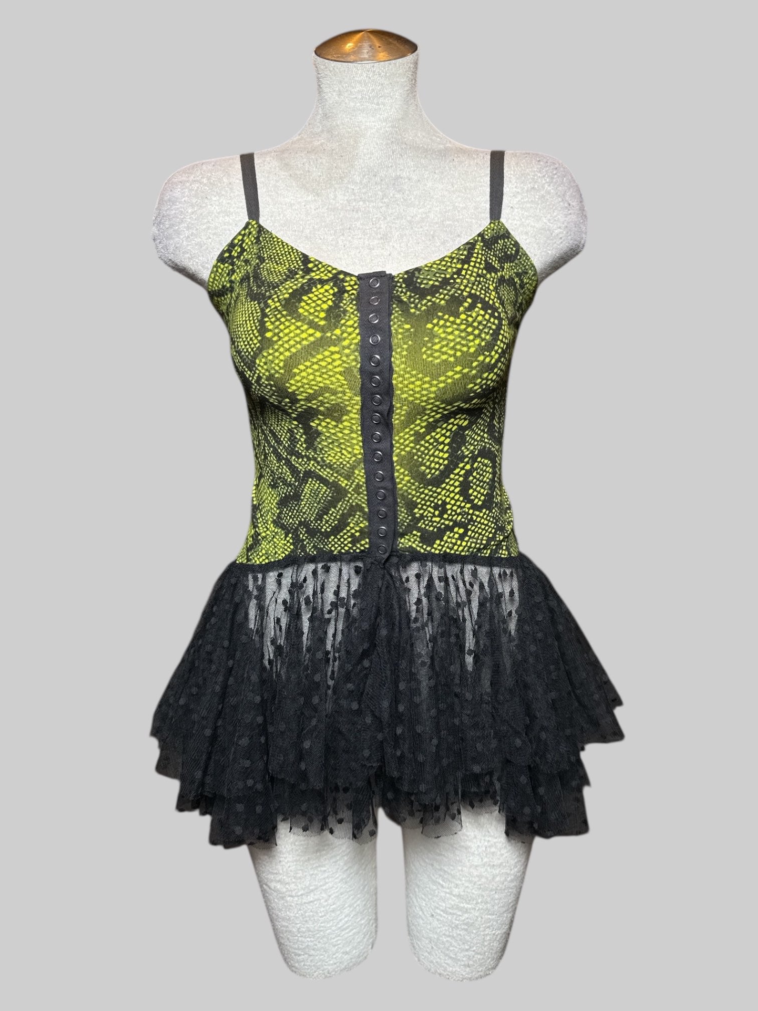 S green and black snap button top with black sheer tulle bottom