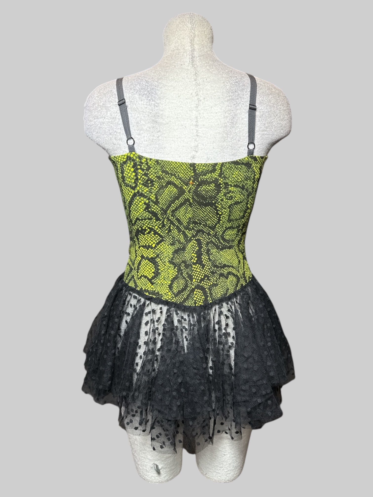 S green and black snap button top with black sheer tulle bottom